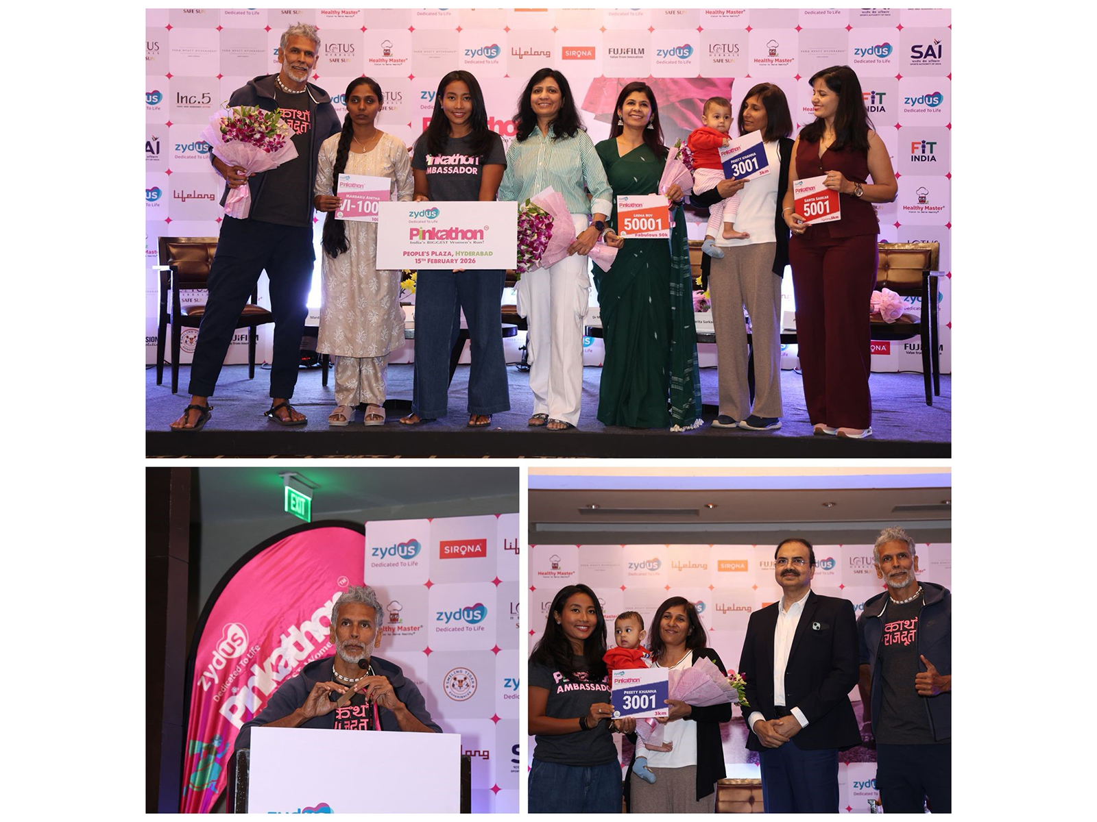Milind Soman, Ankita Konwar, and Dr. Mohana Vamsy at Pinkathon Hyderabad with Zydus partners and mascots, championing women's fitness and early breast cancer awareness