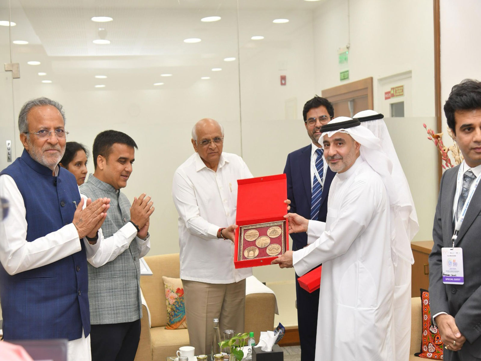 Gujarat CM Bhupendra Patel, Deputy CM Harsh Sanghavi and Henox IT & Data Centres CEO (Photo/Gujarat CMO)