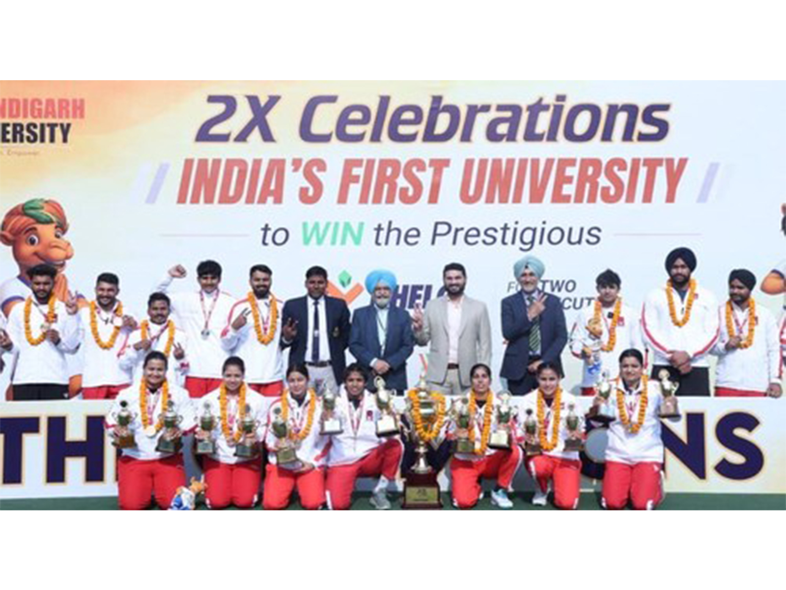 Khelo India University Games 2025 Champions Team of Chandigarh University posing with the winning trophy