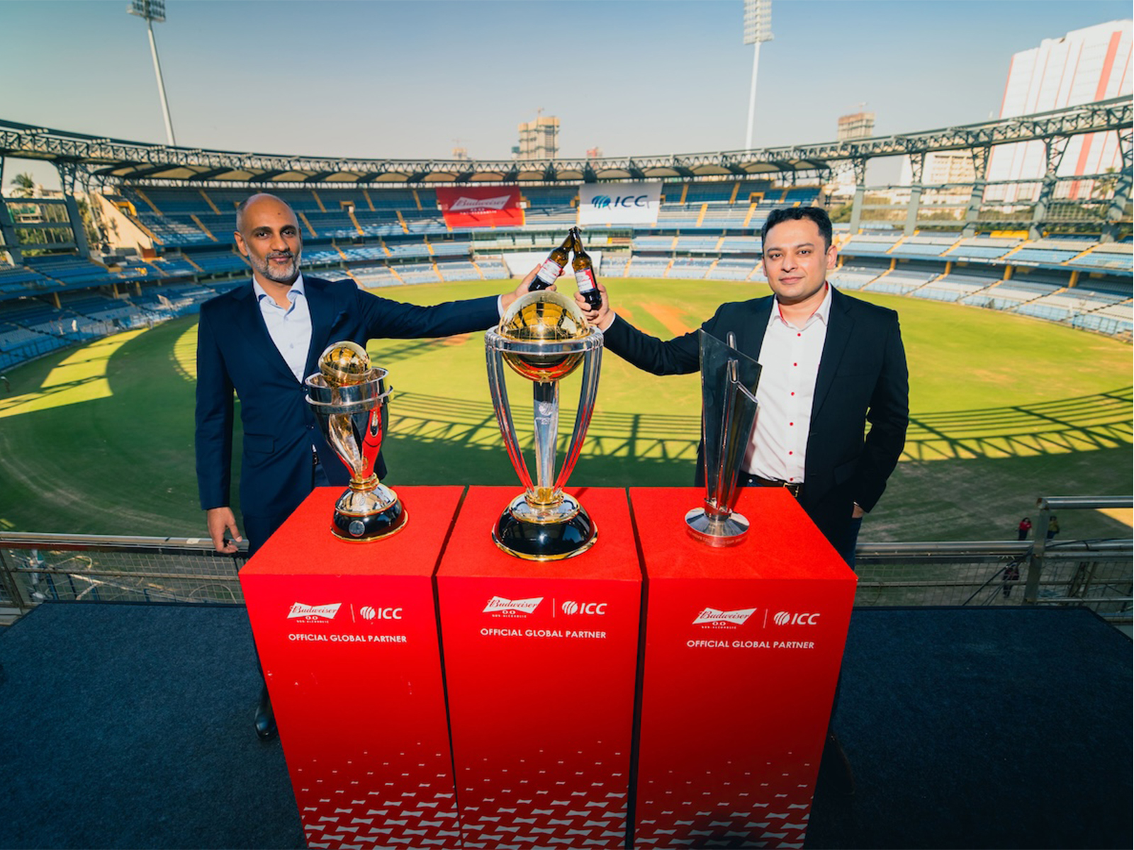 AB InBev and ICC announce a landmark global partnership to elevate cricket fandom. Left to Right: Sanjog Gupta, CEO, ICC and Kartikeya Sharma, President, AB InBev India at Wankhede Stadium