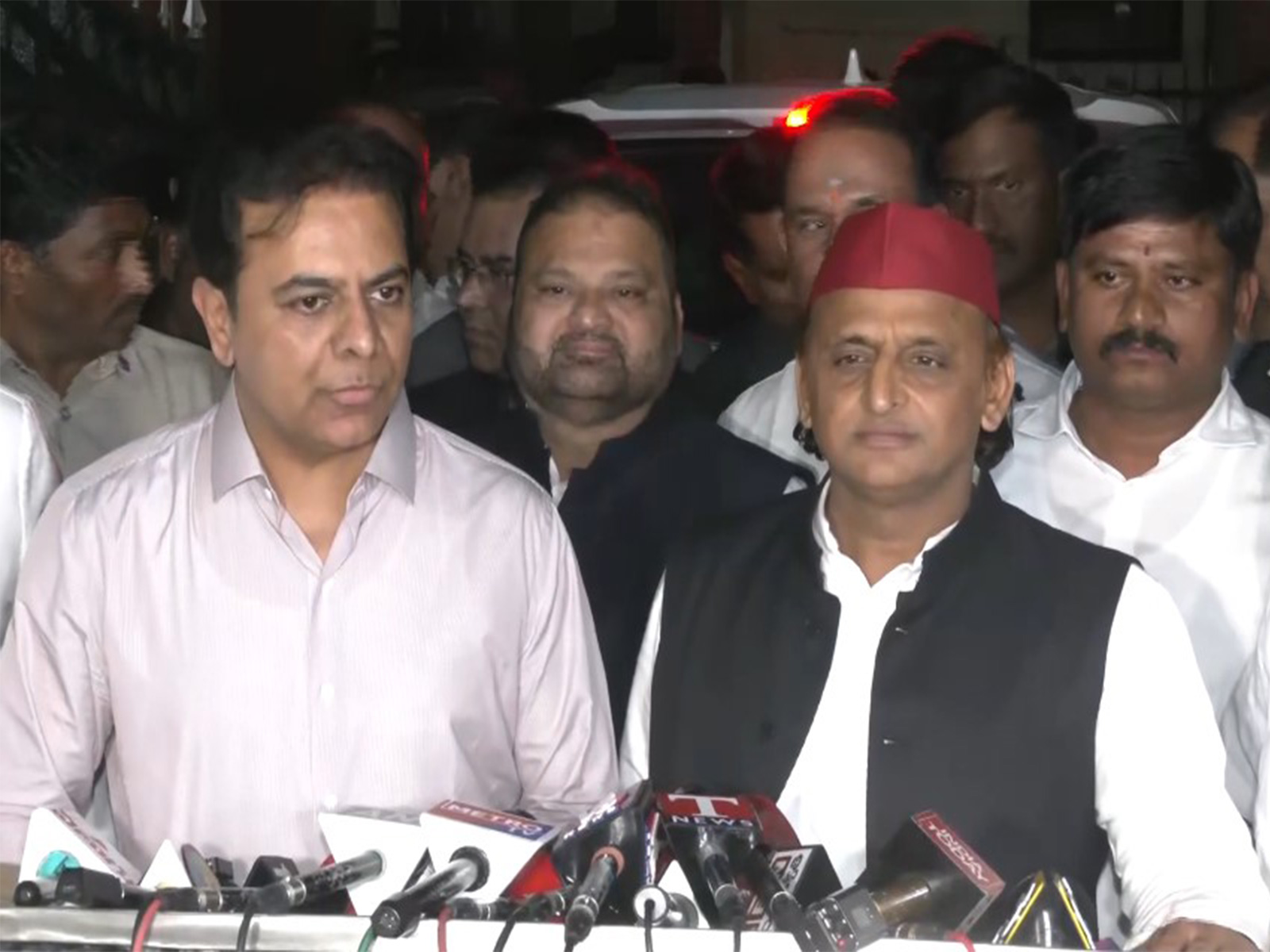 Telangana BRS working President K.T. Rama Rao with SP chief Akhilesh Yadav in Hyderabad. (Photo/ANI)
