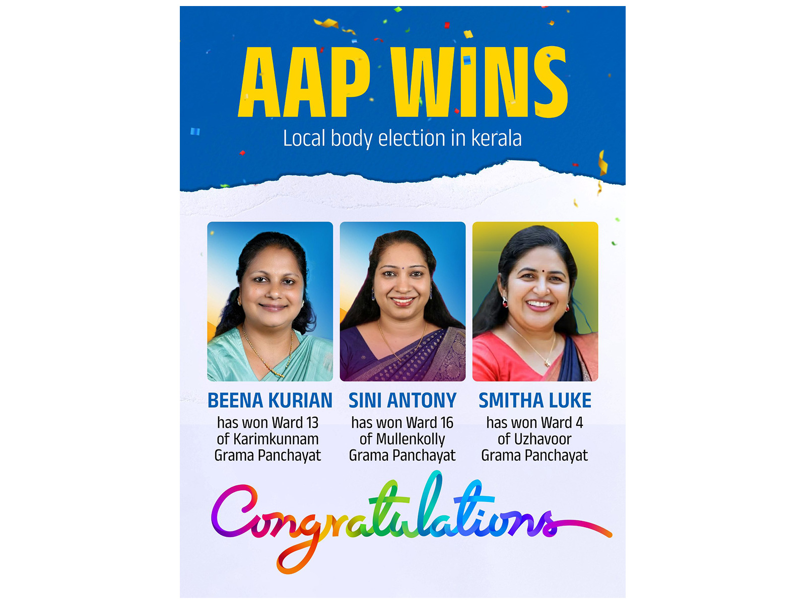 AAP wins three seats in Kerala Local Body elections (Photo/@OberoiShelly)