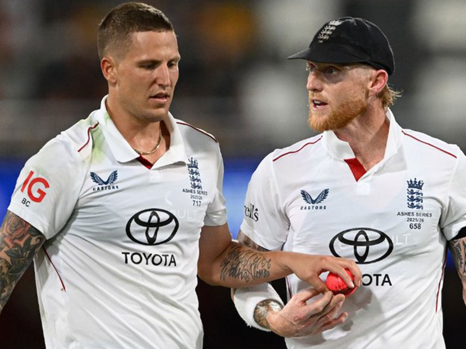 Brydon Carse (L) and Ben Stokes (R). (Photo: England Cricket)