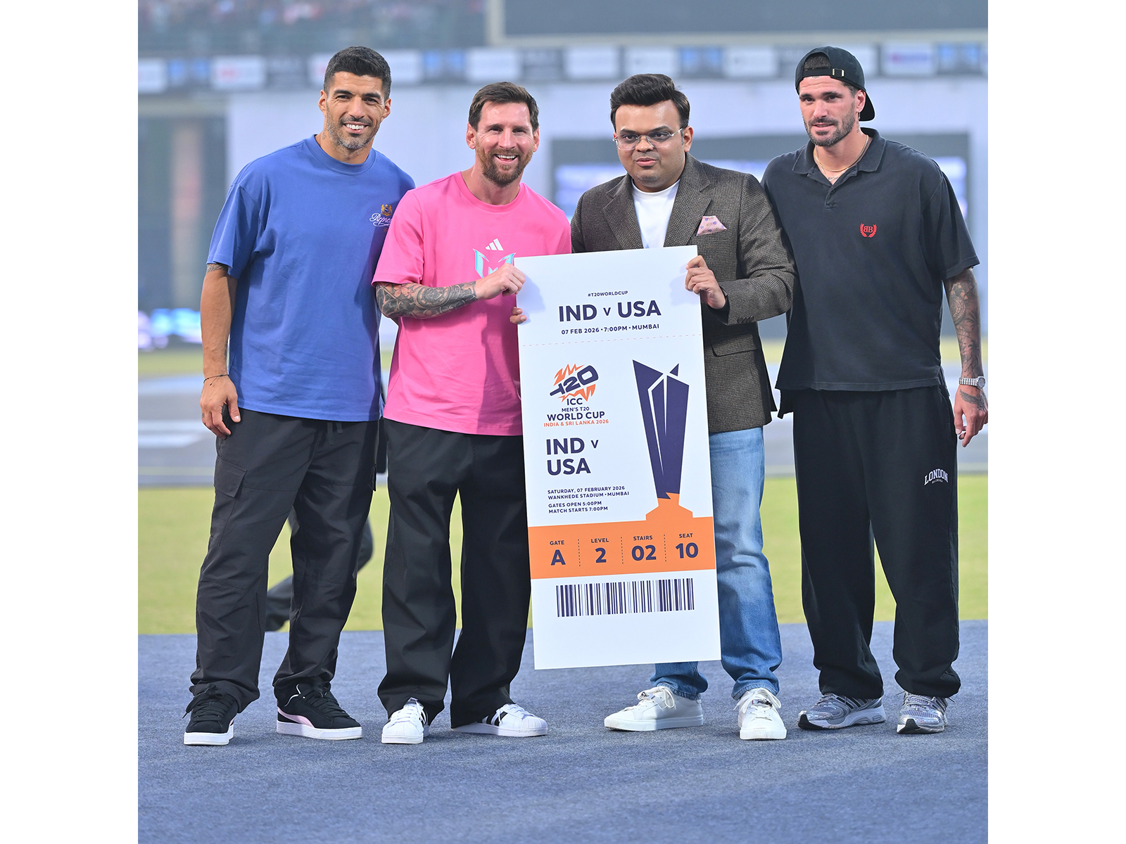 Jay Shah, Luis Suarez, Rodrigo De Paul and Lionel Messi. (Photo: Messi GOAT Tour Delhi)