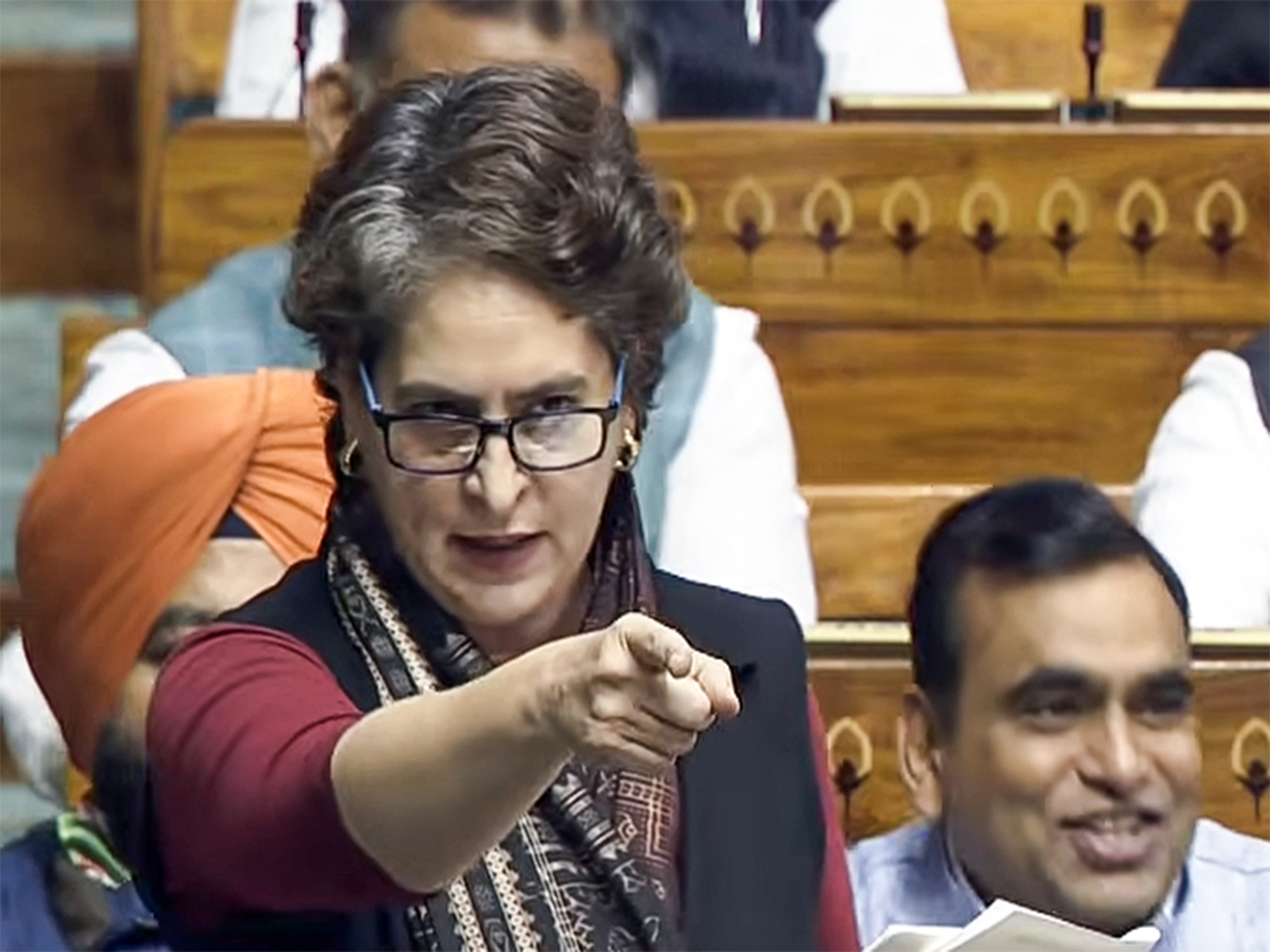Congress MP Priyanka Gandhi speaks in Lok Sabha during ongoing winter session of Parliament. (Photo/ANI)