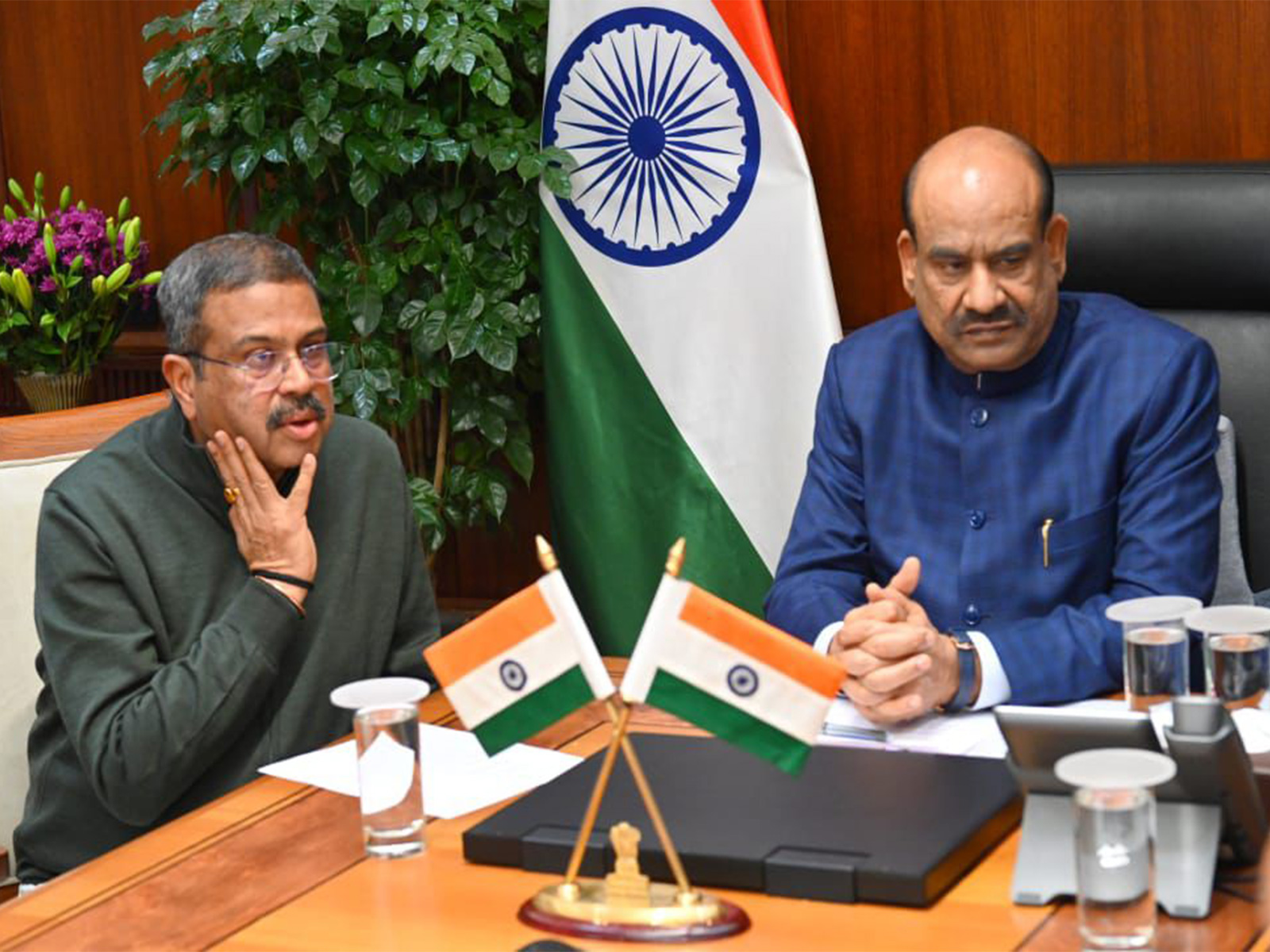 Lok Sabha speaker Om Birla and Union Education Minister Dharmendra Pradhan (Photo/ANI)
