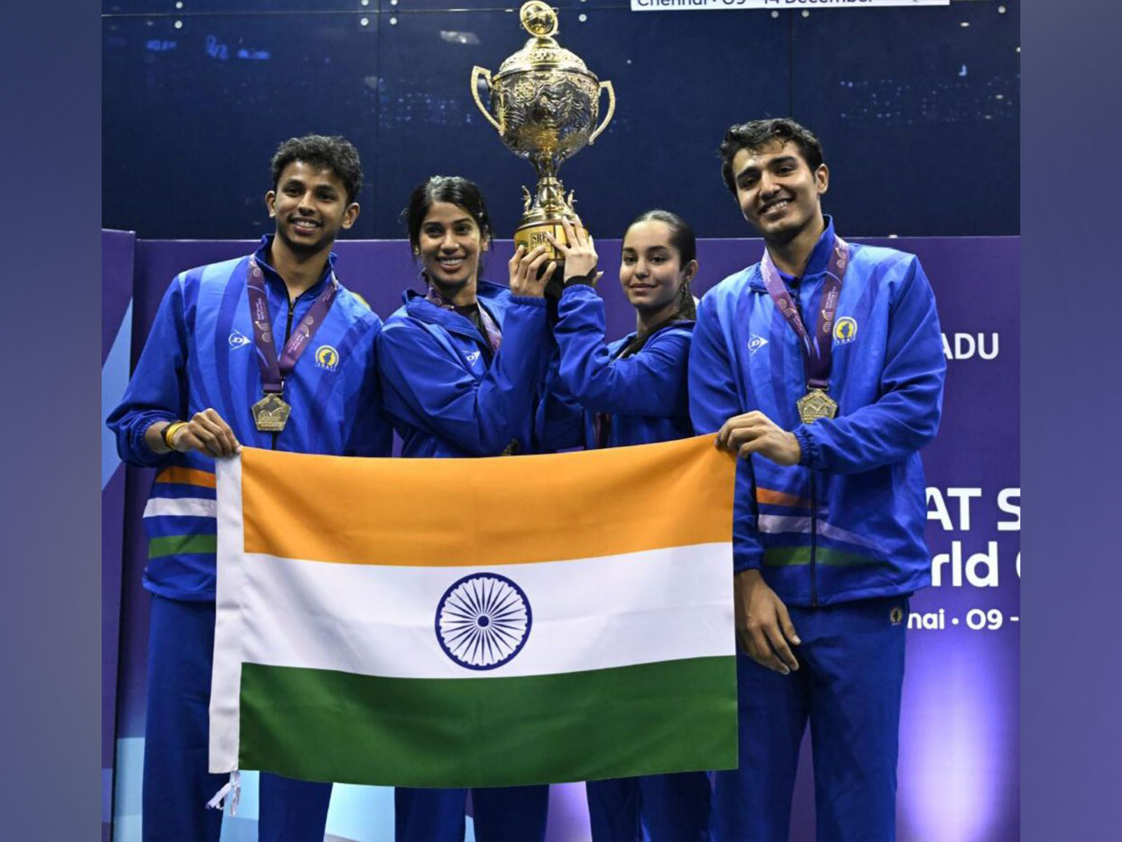 Anahat Singh (second from right) with the World Cup winning team. (Photo: X/@VPIndia)