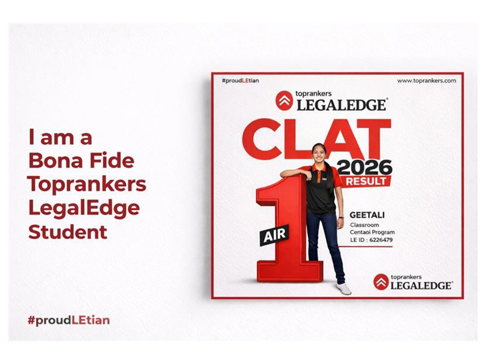 CLAT 2026 AIR 1 Geetali Gupta "I am a Bona Fide Toprankers LegalEdge Student"