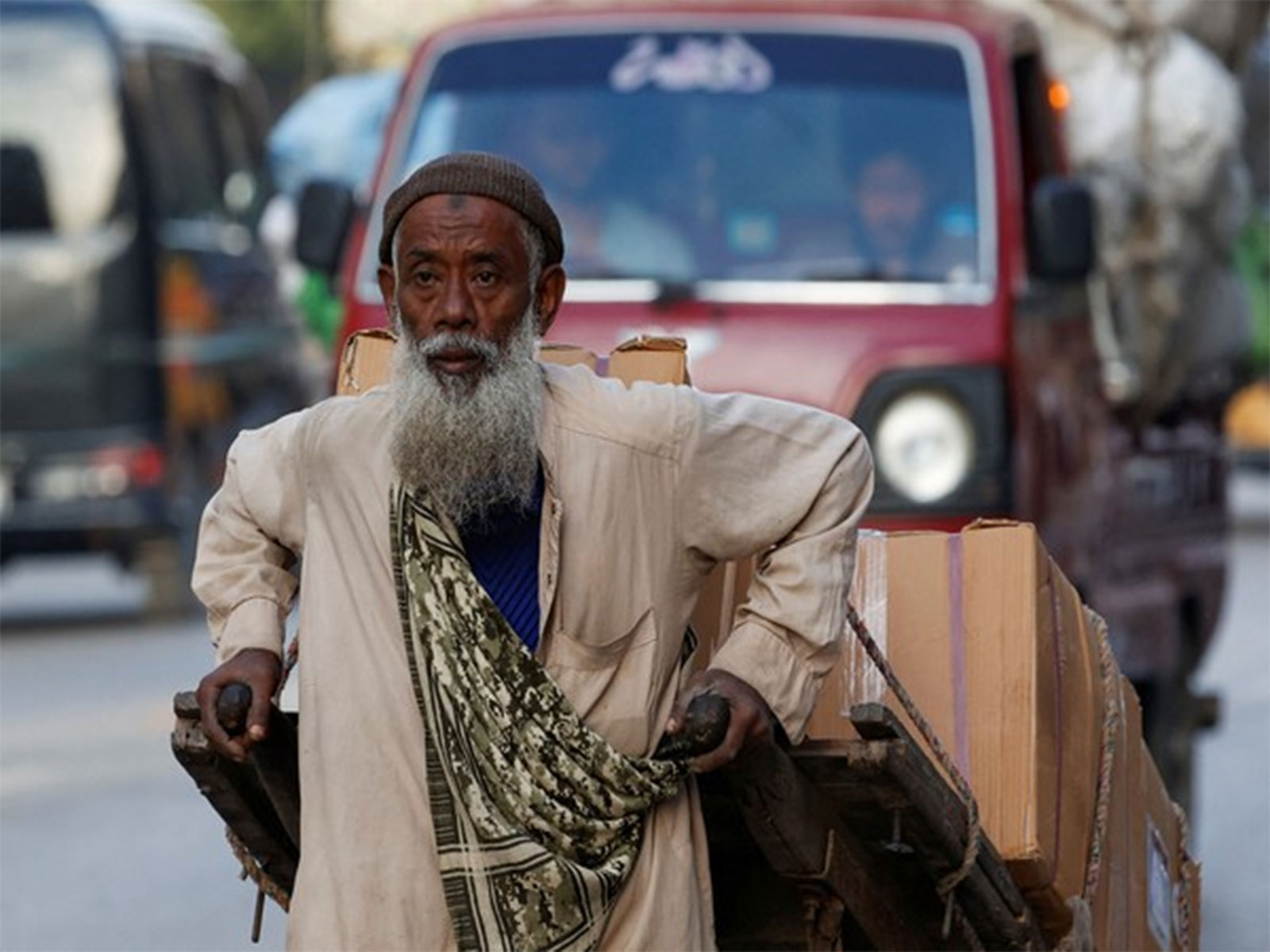 Labourer pulls a trolly loaded with supplies in Karachi (File Photo/Reuters)