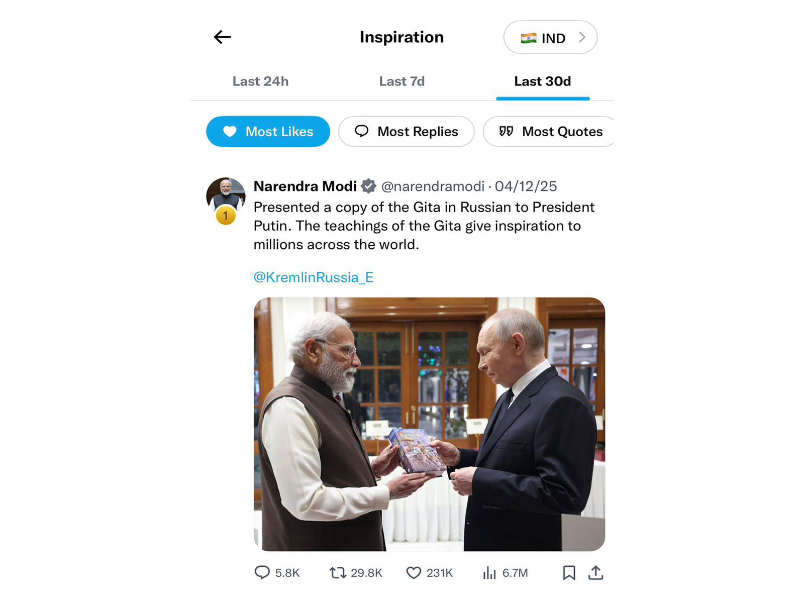 PM Modi's posts feature in 8 of India's 10 most-liked tweets (Photo/Screengrab of X) 