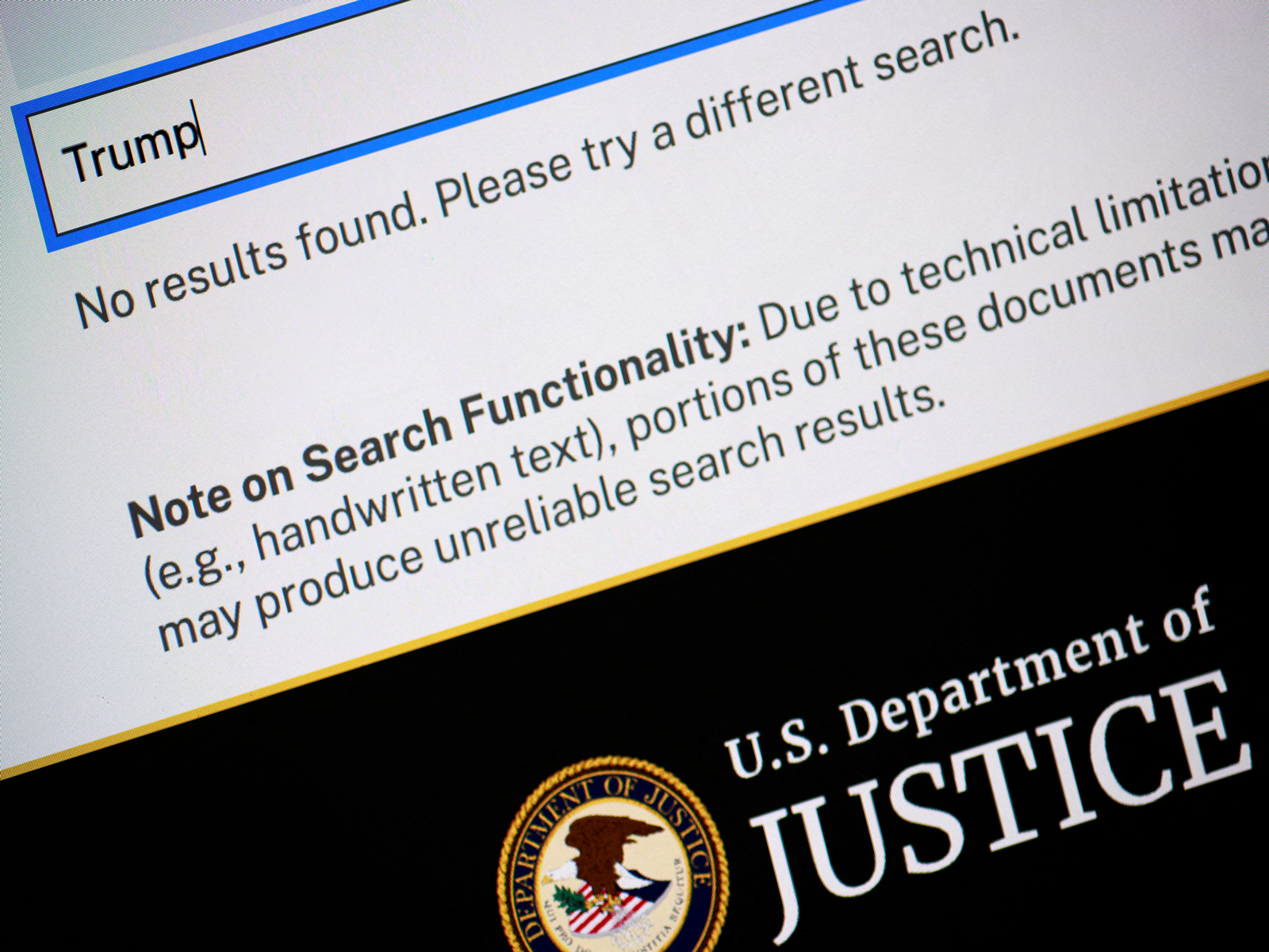 A search for "Trump" shows no results on the US Department of Justice online library of new documents from disgraced late financier and sex offender Jeffrey Epstein, seen on this computer screen (Photo/Reuters)
