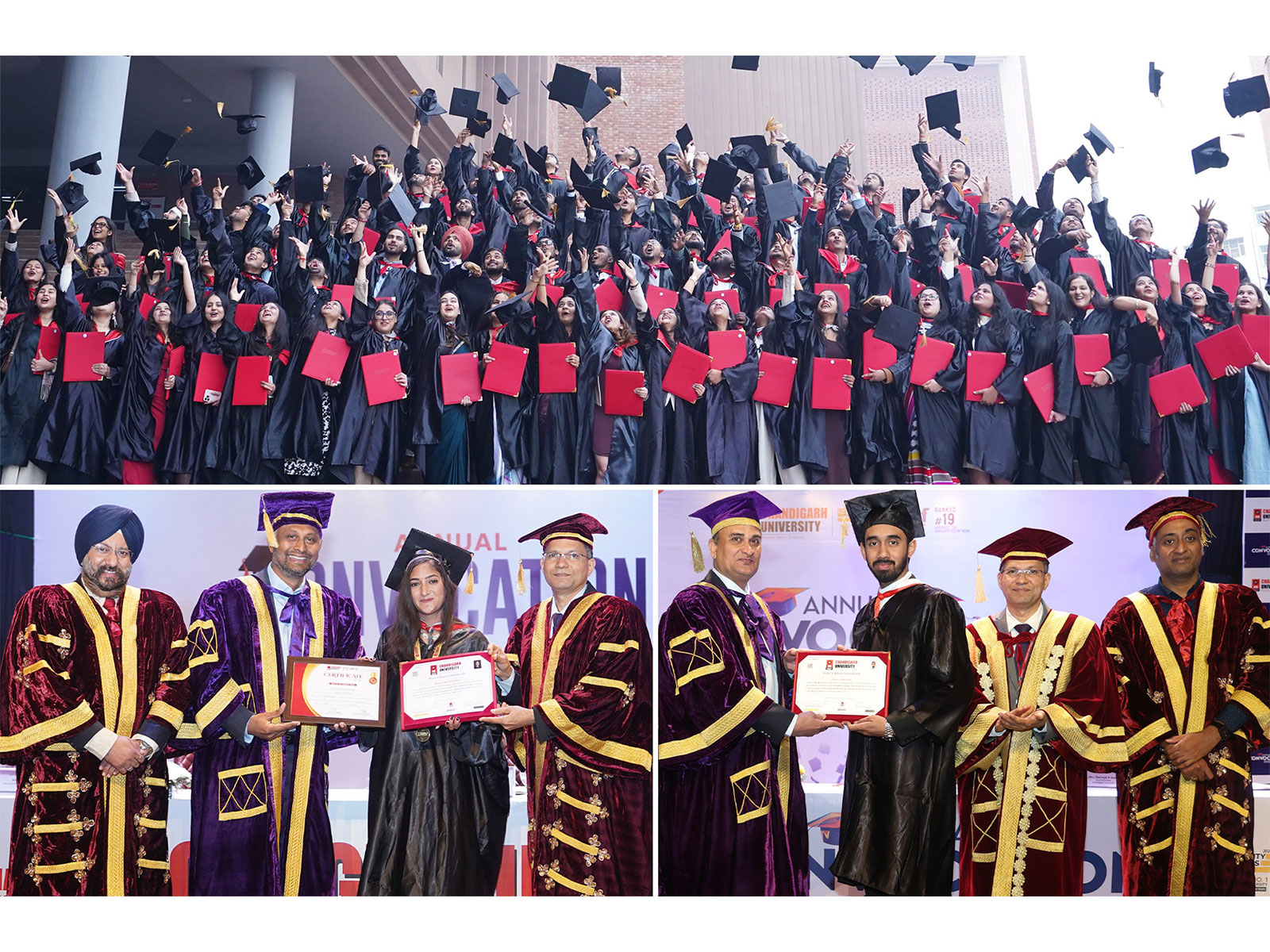 Chandigarh University students celebrating their success after receiving degrees during Annual Convocation 2025 at Gharuan Campus