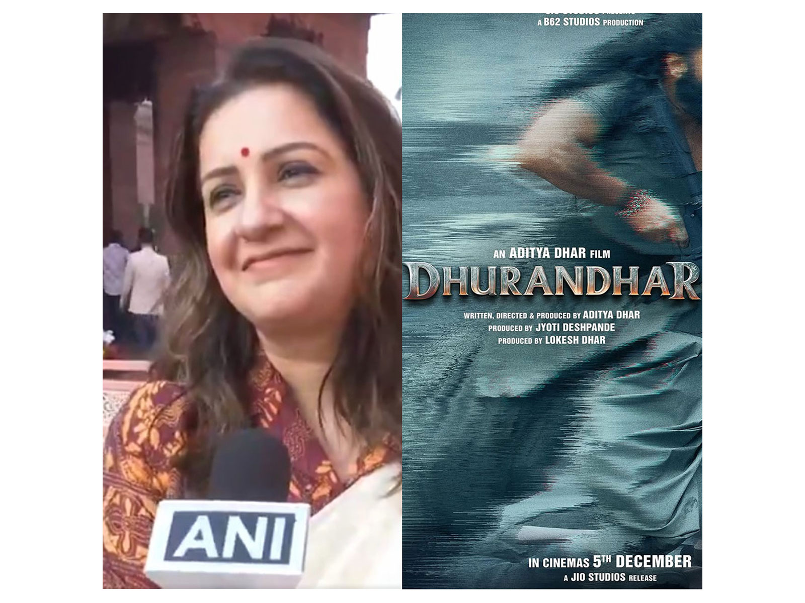 Priyanka Chaturvedi (Photo/ANI)and Dhurandhar poster (Photo/Instagram@officialjiostudios)