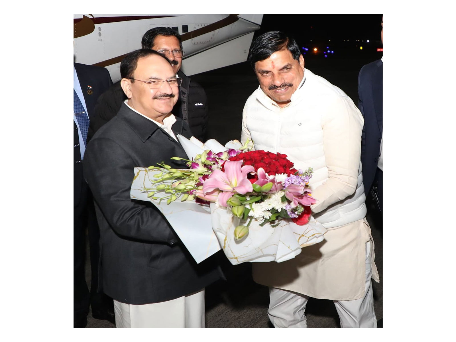 Madhya Pradesh Chief Minister Mohan Yadav welcomes Union Minister JP Nadda in Indore (Photo/X@DrMohanYadav51)