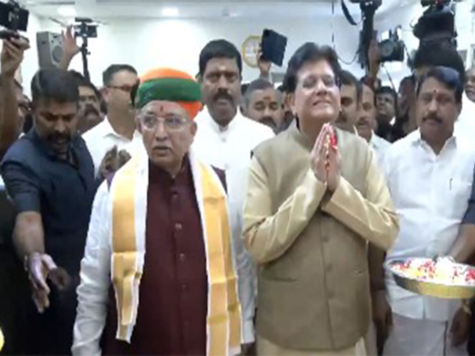 Piyush Goyal and Arjun Ram Meghwal arrives at Tamil Nadu BJP office in Chennai on Tuesday. (Photo/ANI)