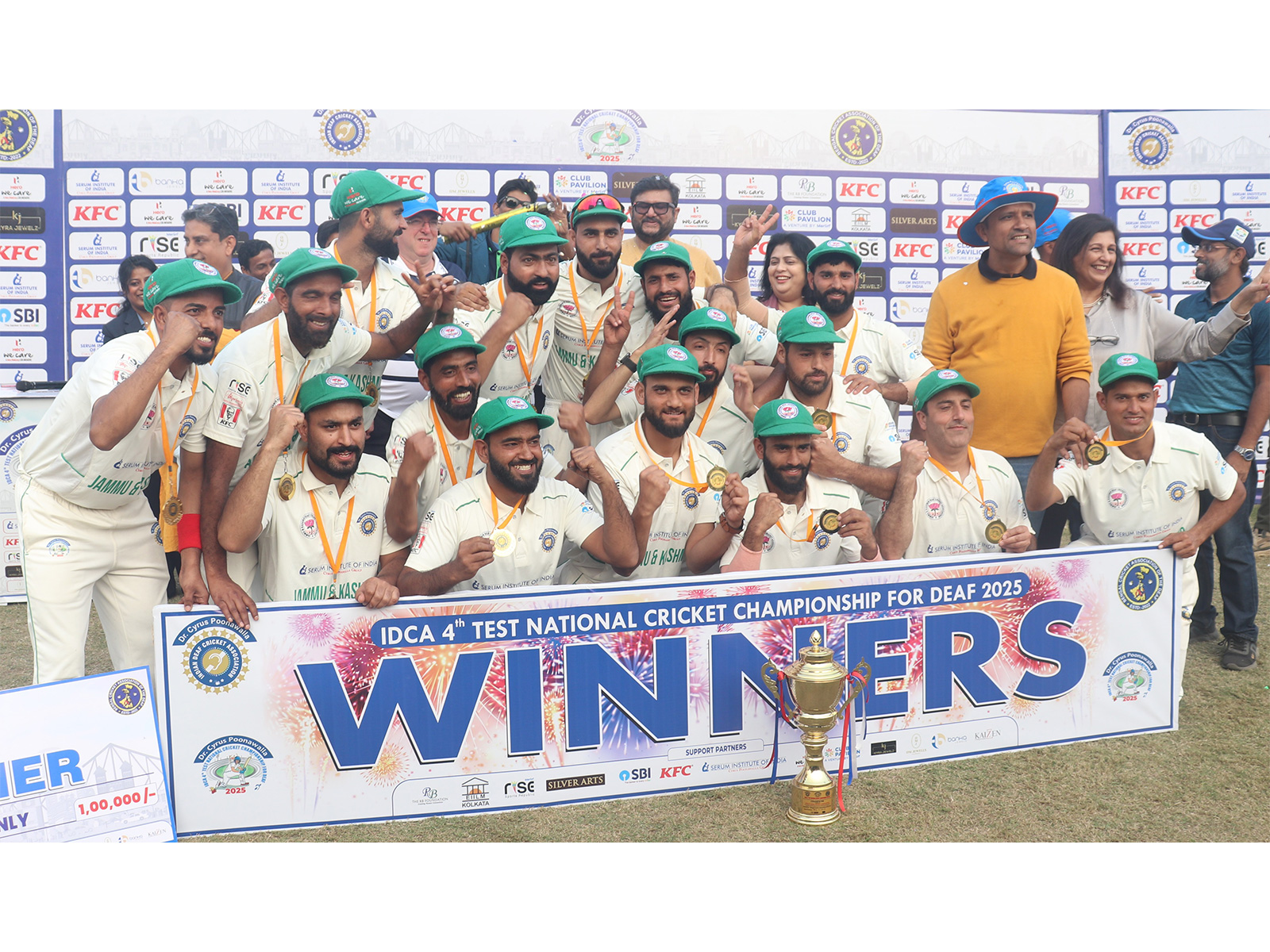 Jammu and Kashmir Deaf cricket team lifting 4th IDCA Test National Cricket Championship trophy (Image: IDCA media)