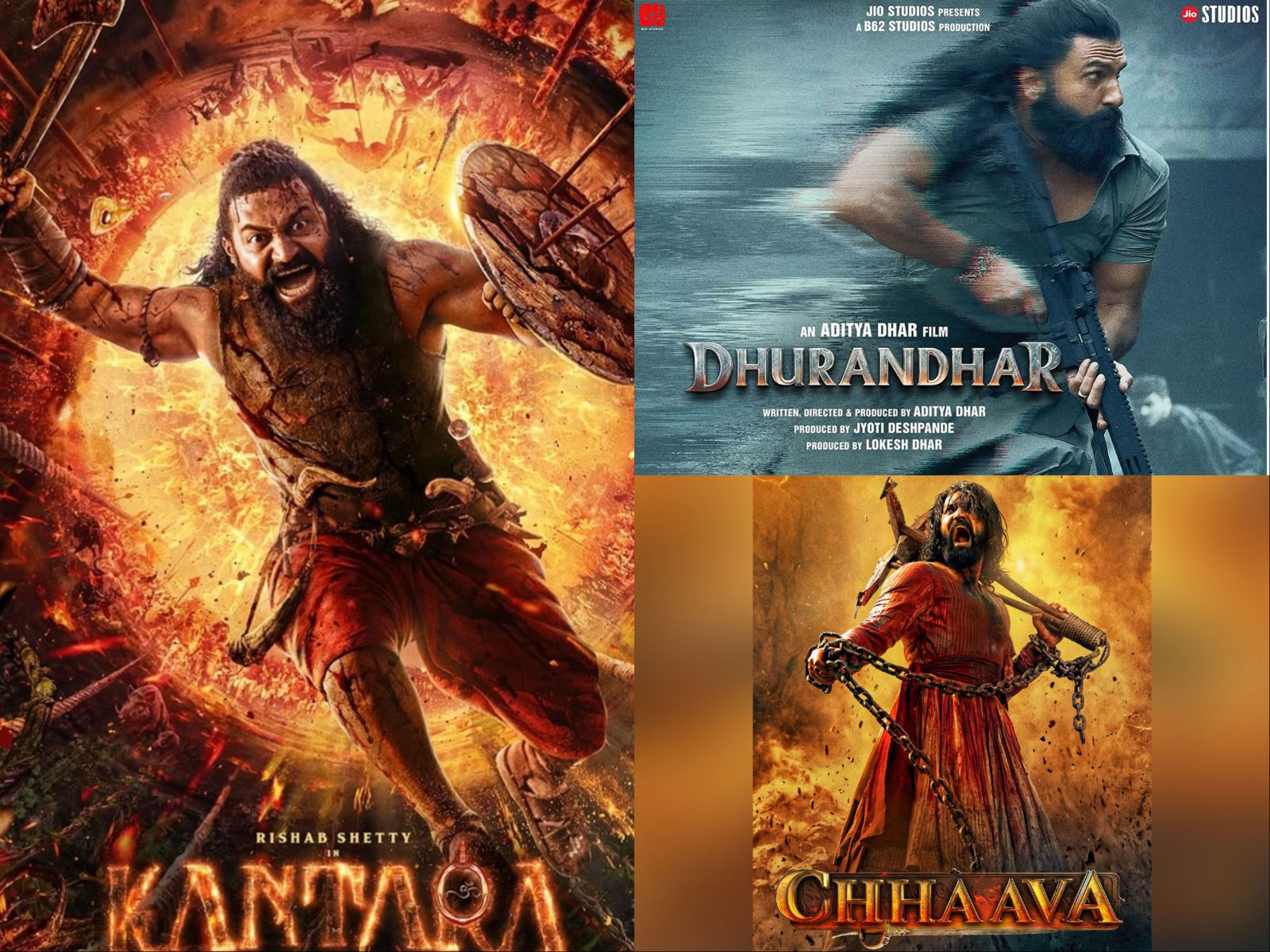 Dhurandhar (Photo/Instagram@officialjiostudio), Chhaava poster ((Photo/Instagram@VickyKaushal) and Kantara poster (Photo/Instagram@rishabshettyofficial)