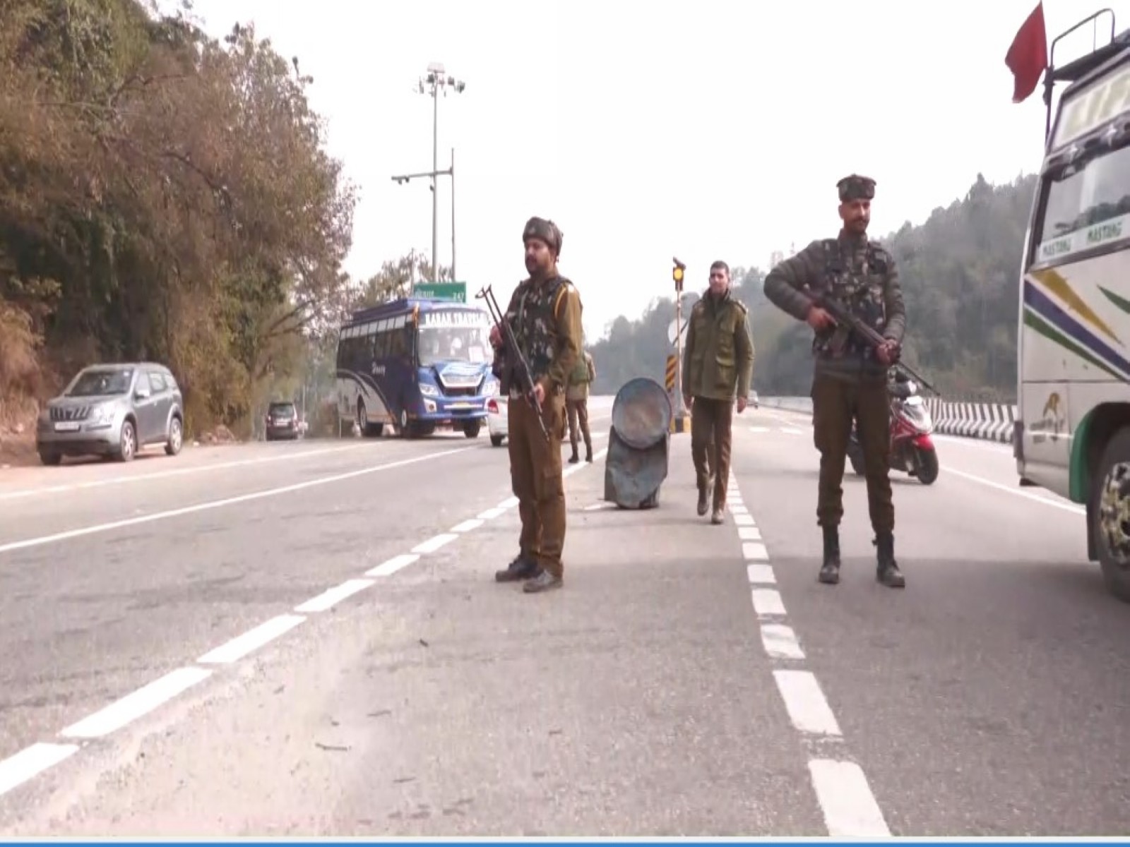 Secruity at Jammu-Srinagar National Highway (Photo/ANI)