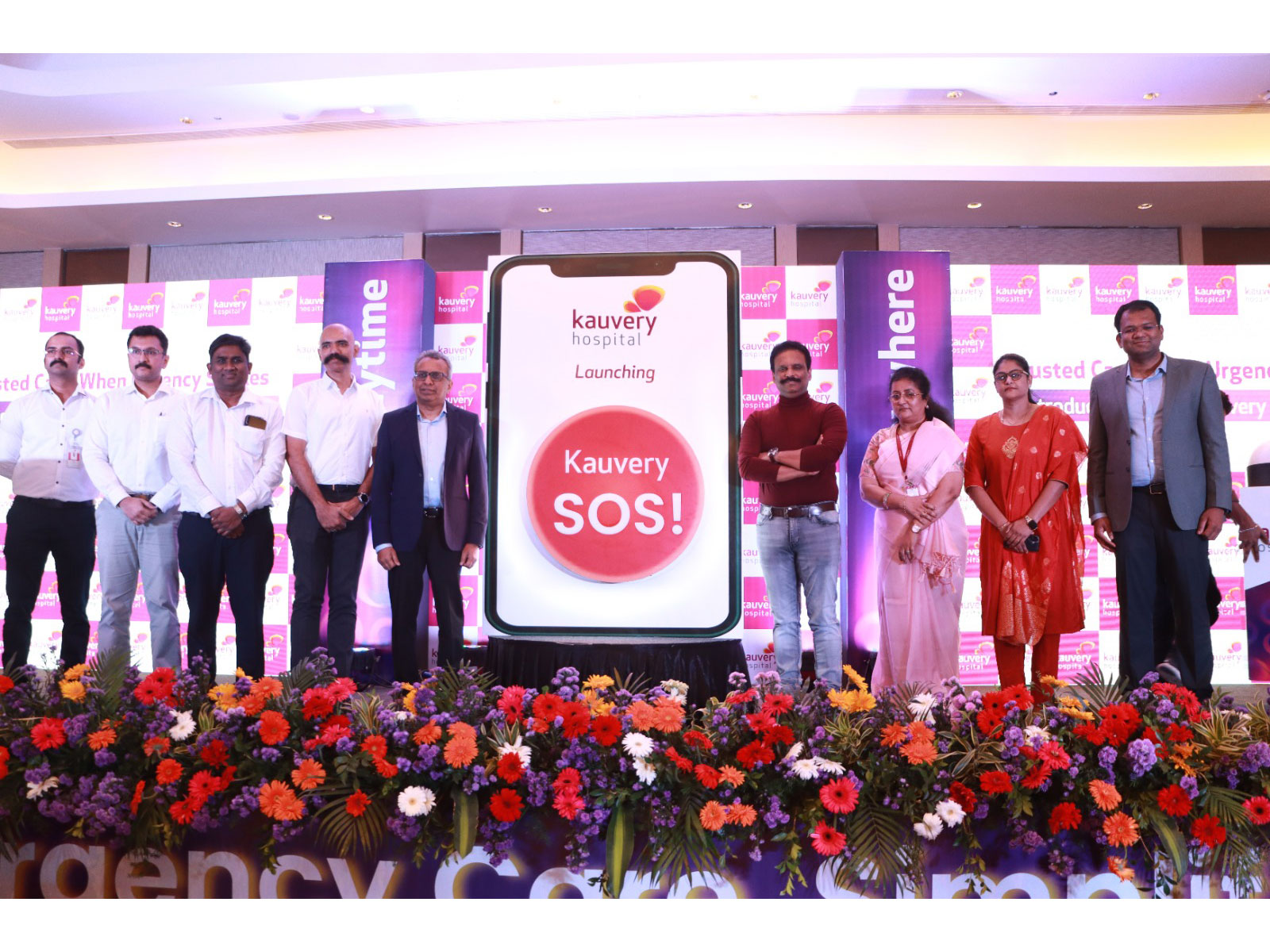 L - R: Mr Sandeep, Dr Ashok, Dr Mahesh, Dr Iyappan Ponnuswamy, Dr Aravindan Selvaraj, Mr Suresh Sambandam, Dr Meena KKR, Dr Preetha, Mr Aravind Ganesan, during the launch of Kauvery SOS on Kauvery KARE App