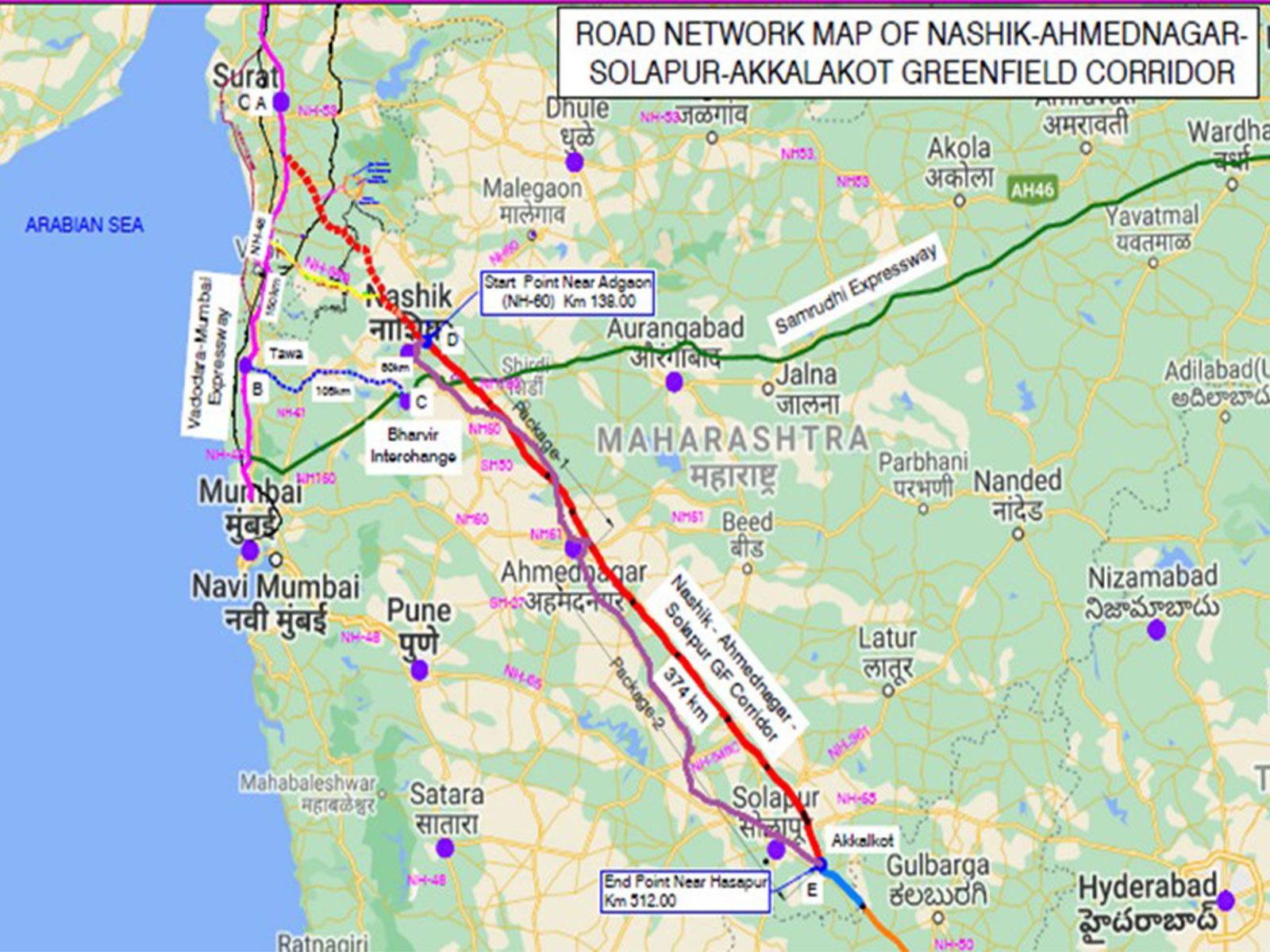 Road Network Map of Greenfield access-controlled Nashik- Solapur-Akkalkot Corridor (Photo/PIB)