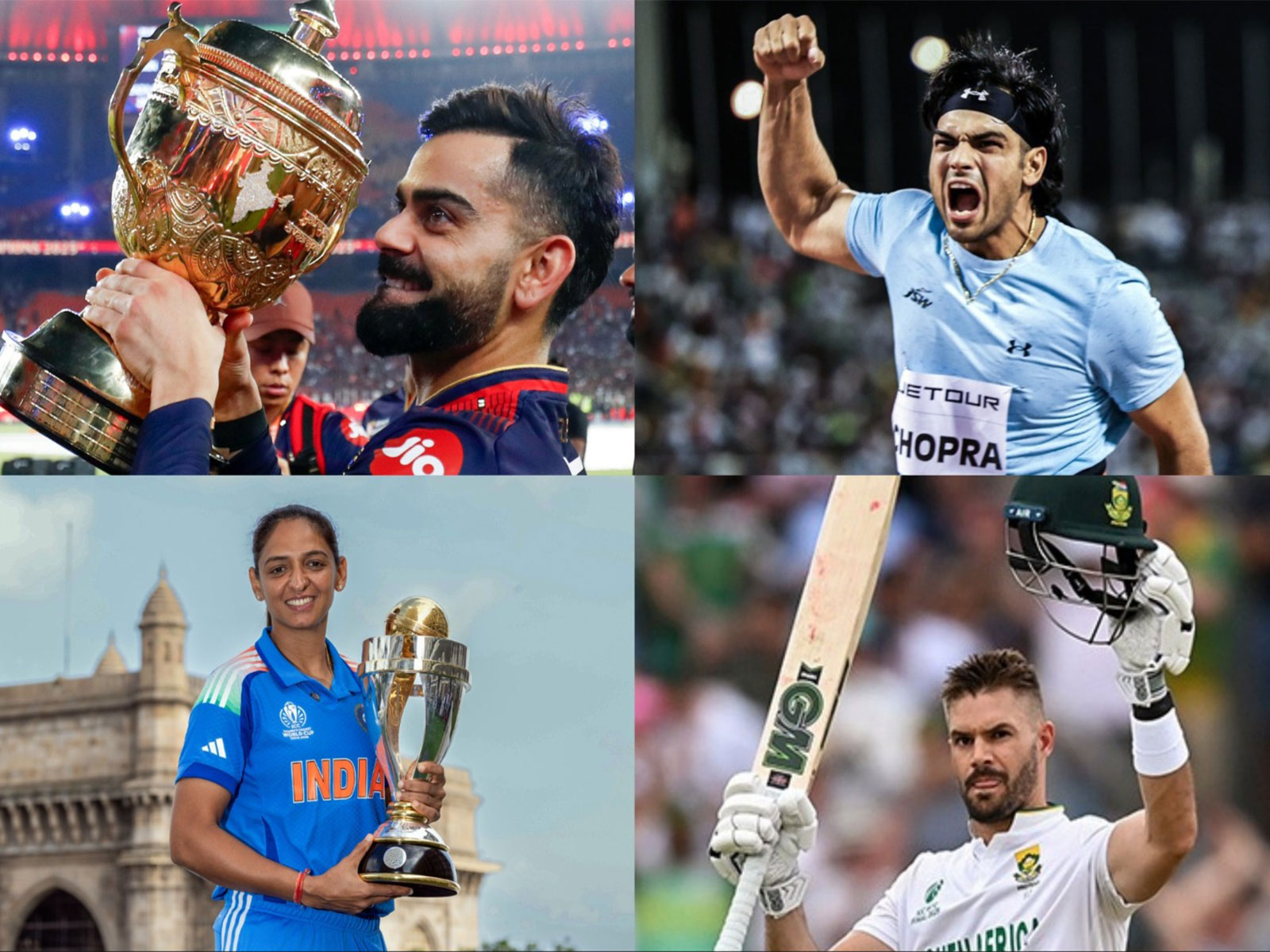 Virat Kohli (top left), Neeraj Chopra (top right), Harmanpreet Kaur (bottom left) and Aiden Markram (bottom right) (Photos/ANI)