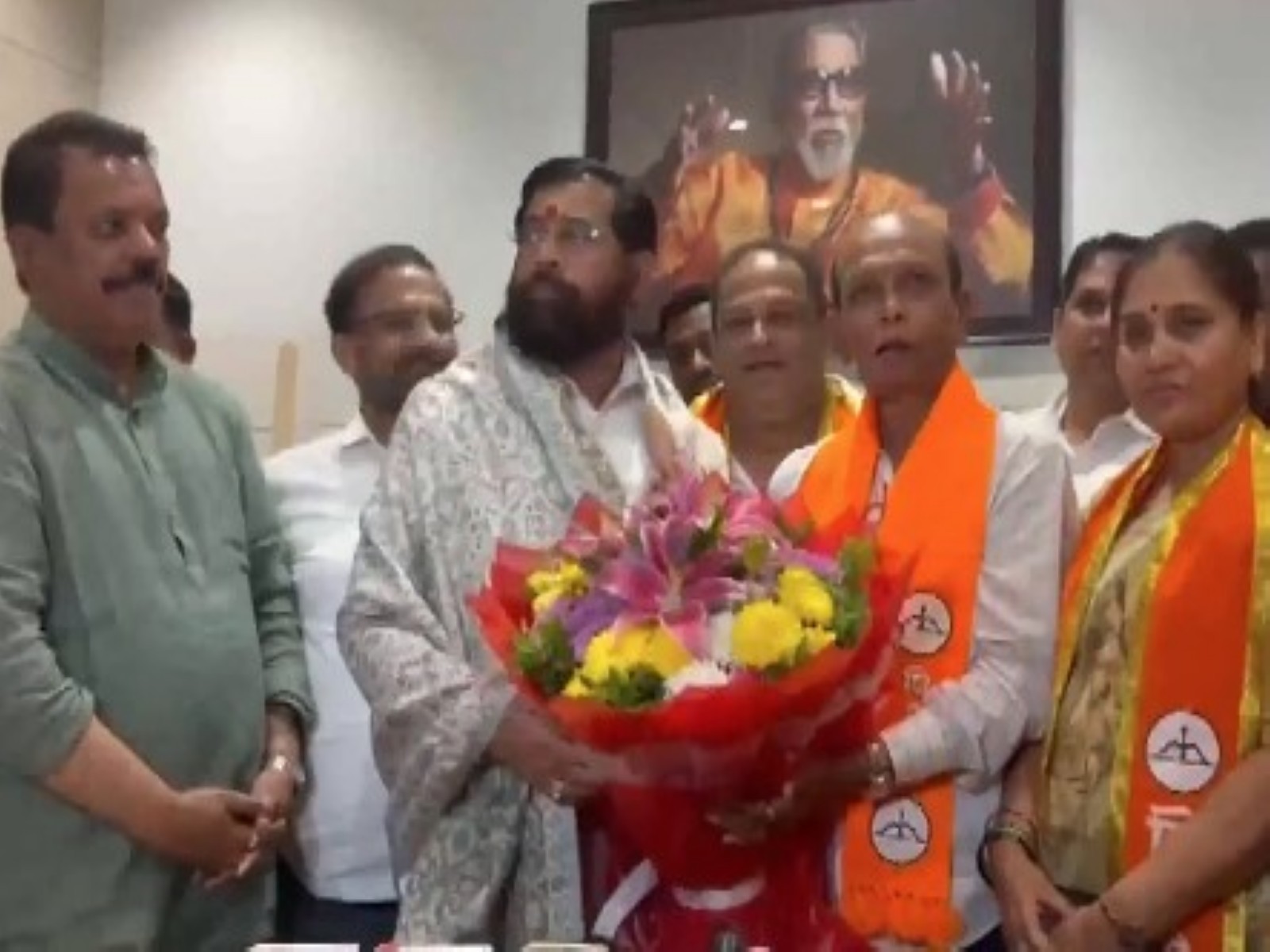 Seven candidates elected unopposed meet Maharashtra Dy CM Eknath Shinde at his residence (Photo/ANI)