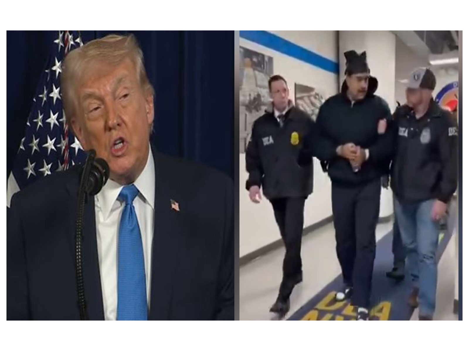 US President Donald Trump and Captured Venezuelan Dictator Nicolas Maduro stages the perp-walk.  (Photo/ Youtube @WhiteHouse/X@RapidResponse47)