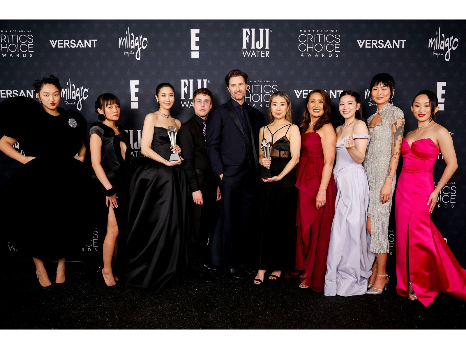Audrey Nuna, Rei Ami, Ejae, Mark Sonnenblick, Chris Appelhans, Maggie Kang, MichelArden Cho, May Hong and Ji-young Yoo pose with Best Animated Feature award for "KPop Demon Hunters" during the 31st Annual Critics Choice Awards (Image source: Reuters)