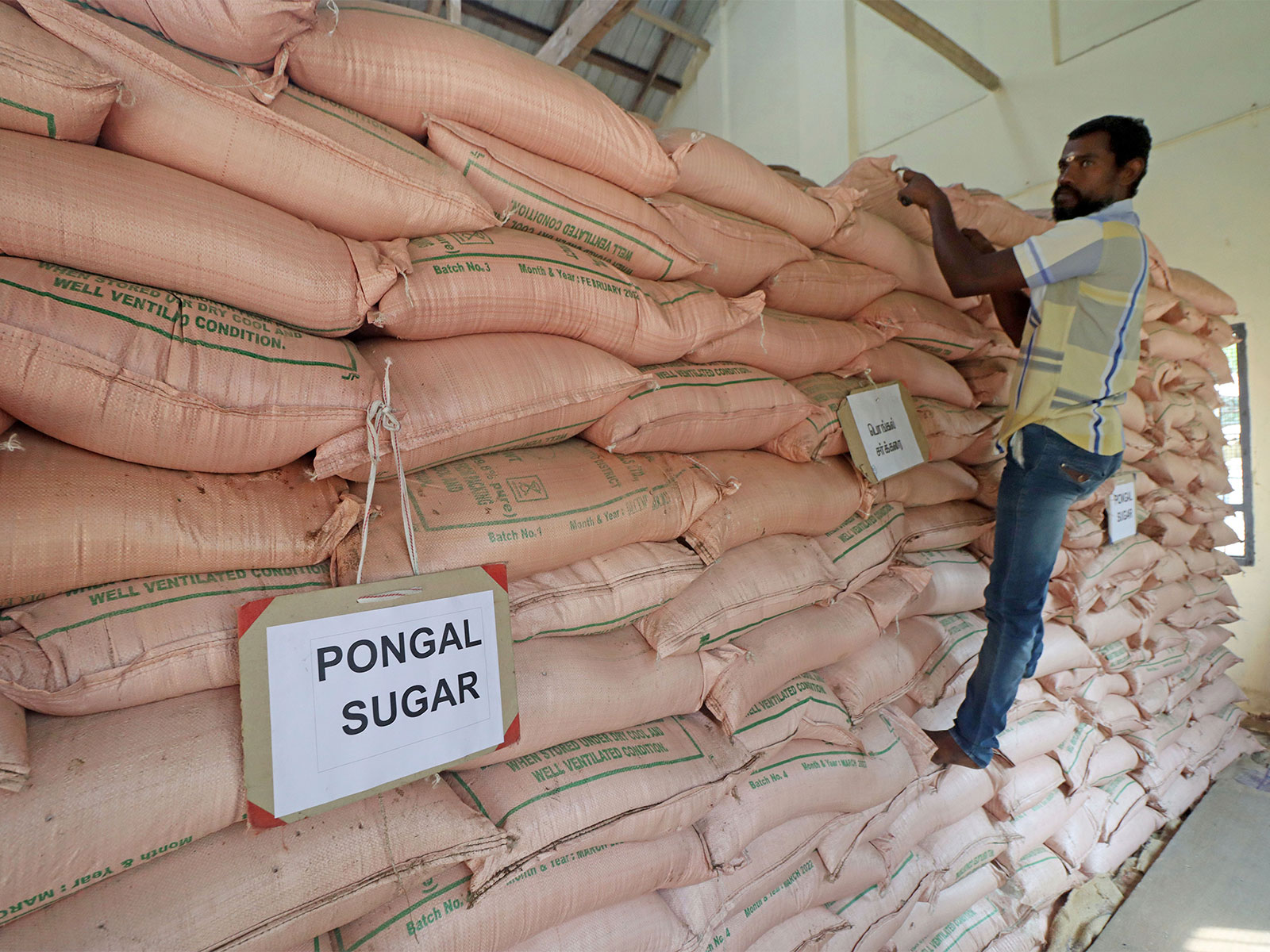 A worker arranging sacks of sugar. (File Photo/ANI)