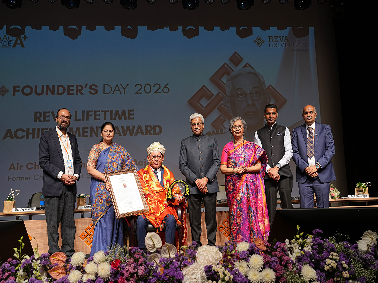 Air Chief Marshal Fali H. Major, former Chief of the Air Staff, receives the REVA Lifetime Achievement Award from Dr. P. Shyama Raju, Chancellor, at REVA University Founder's Day, Jan 6, 2026