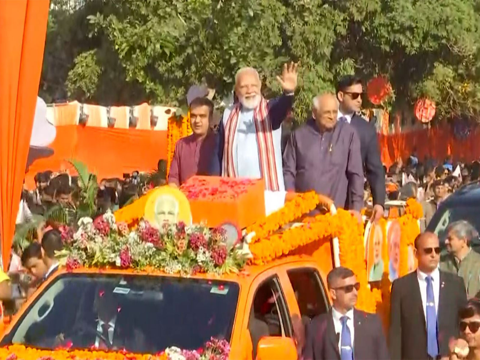 Prime Minister Narendra Modi plays conch during participation in Shaurya Yatra (Photo: ANI) 