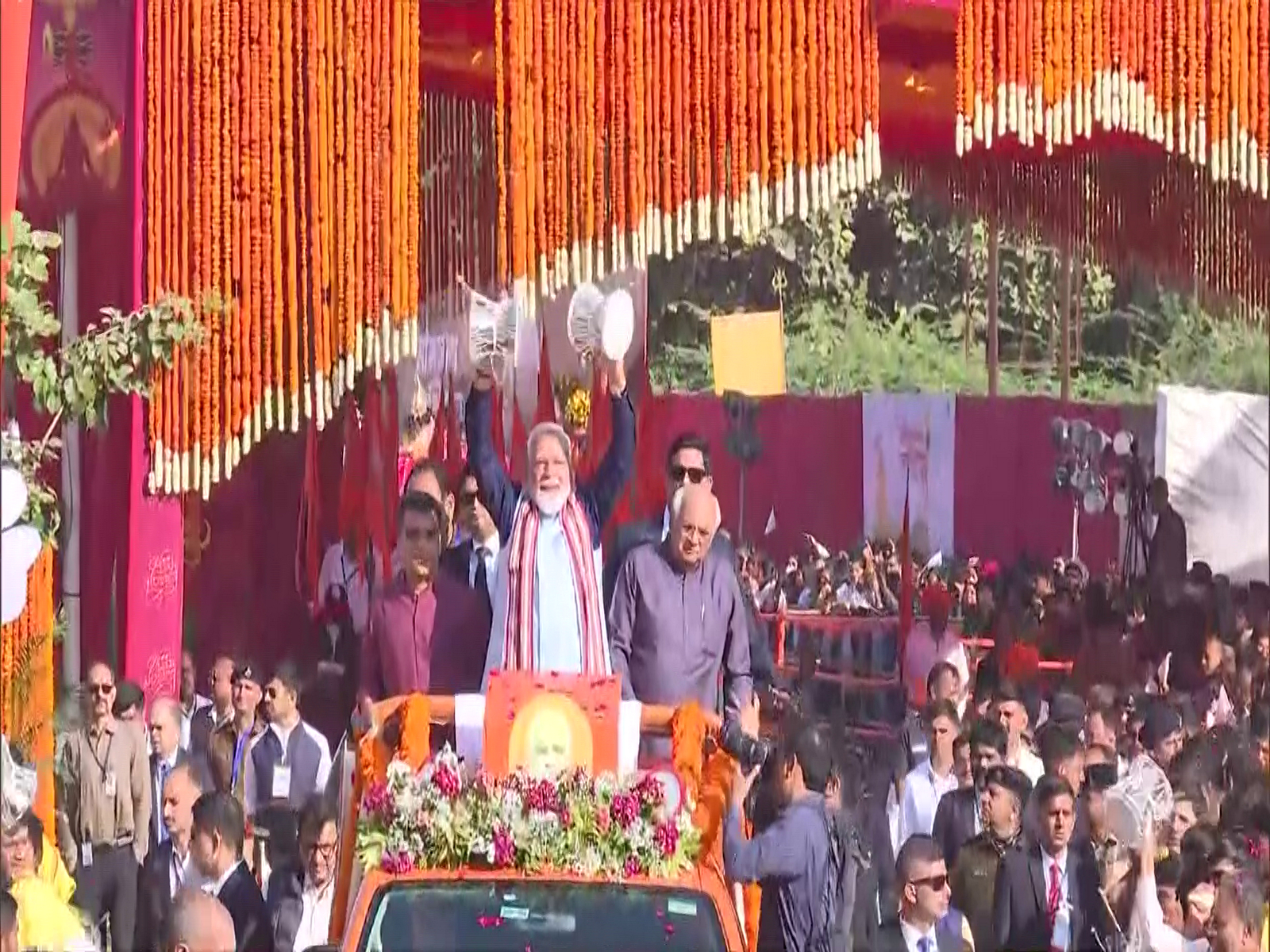 Prime Minister Narendra Modi plays conch during participation in Shaurya Yatra (Photo/ANI)