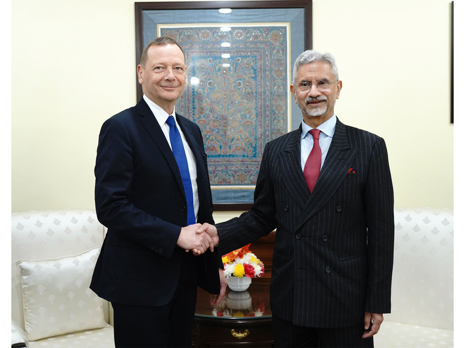 External Affairs Minister S Jaishankar meets Emmanuel Bonne, Diplomatic Adviser to French President Emmanuel Macron, in New Delhi. (Photo: X/@DrSJaishankar)