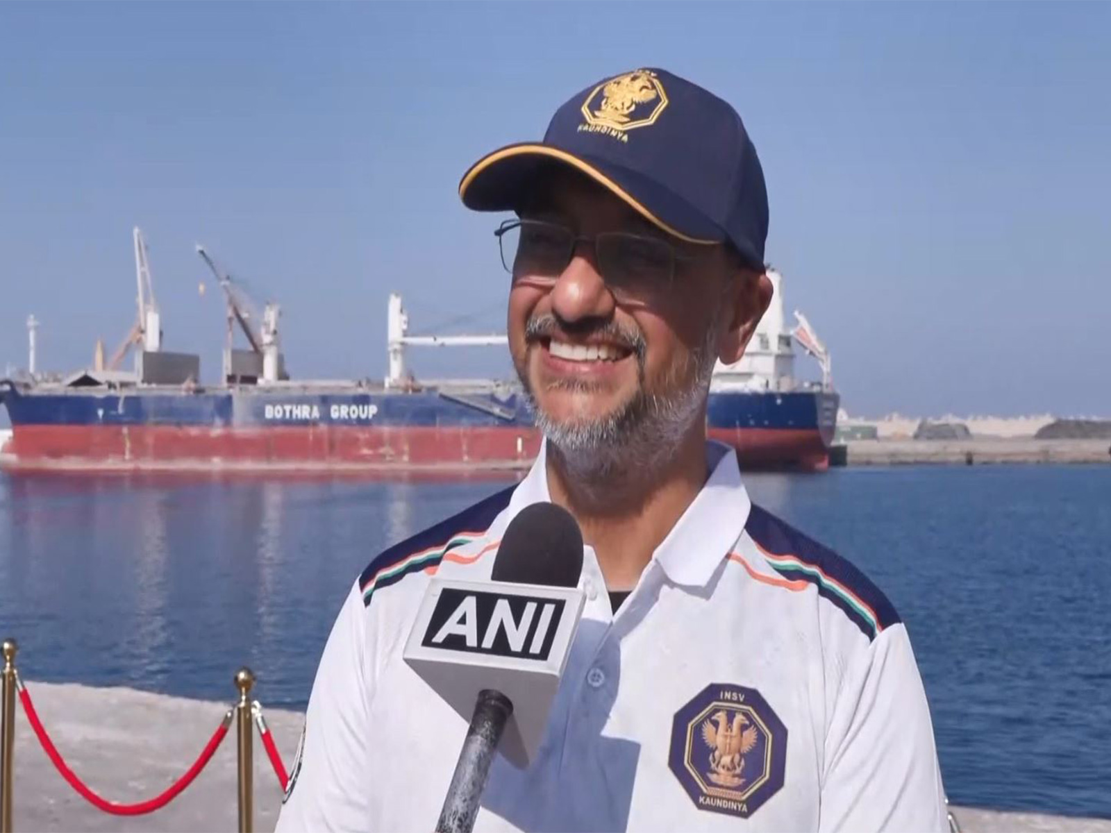 PM-EAC member Sanjeev Sanyal, part of INSV Kaundinya's crew, speaks after the vessel's maiden international voyage from Porbandar to Muscat. (Photo/ANI)