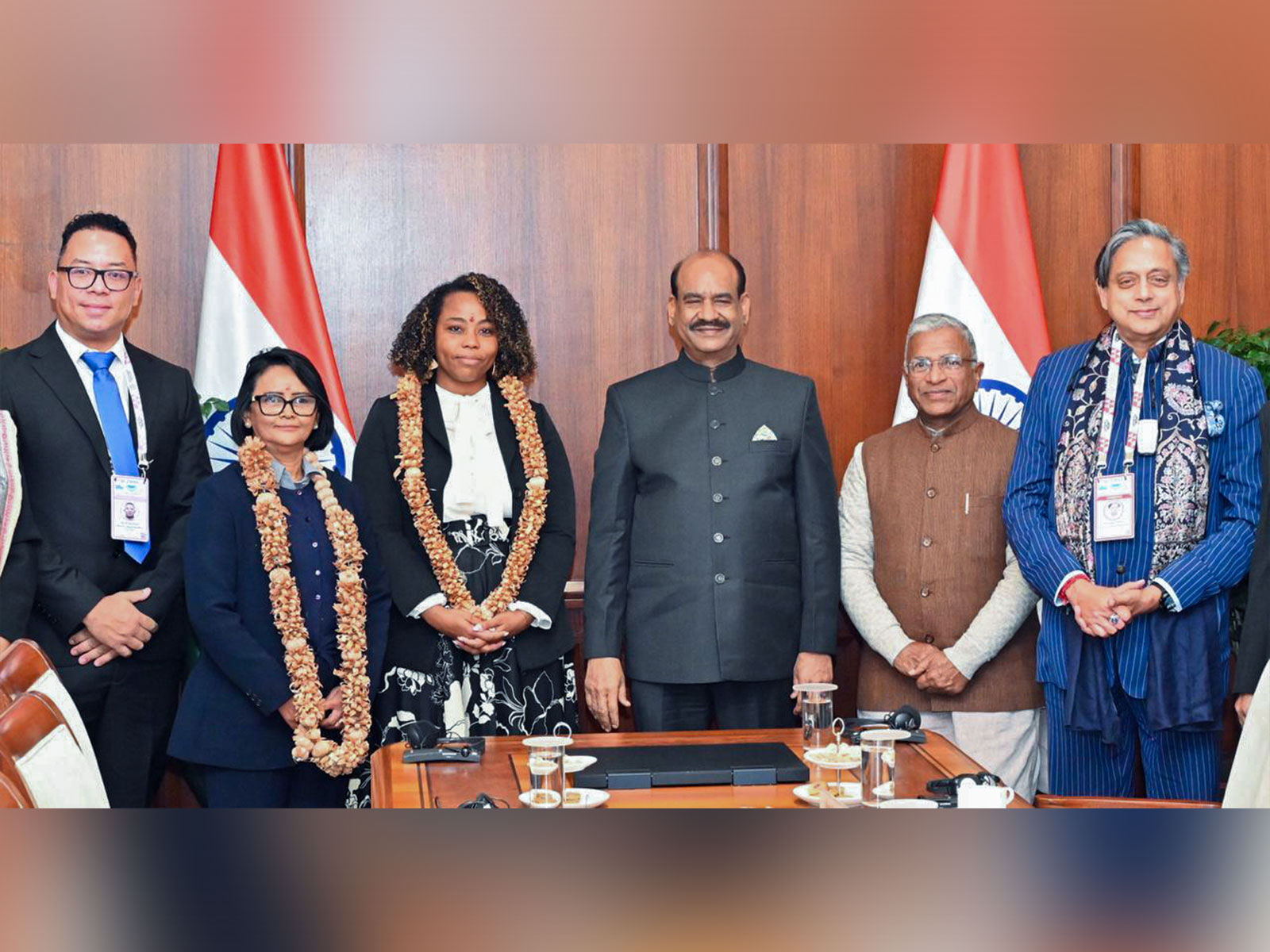 Lok Sabha Speaker Om Birla, Rajya Sabha Deputy Chairman Harivansh Narayan Singh, Congress MP Shashi Tharoor, and others, in a group photo with Seychelles Speaker of the National Assembly Azarel Ernesta  (Photo/ANI)