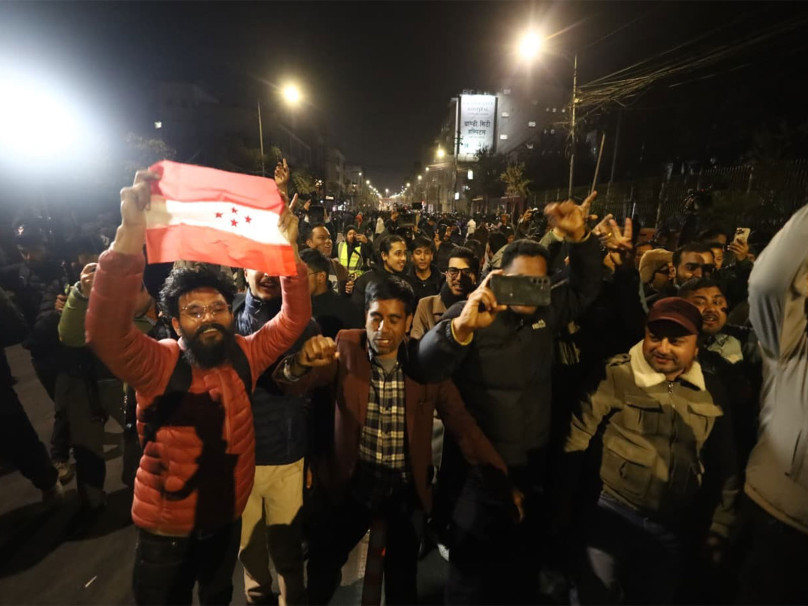 Nepali Congress workers and supporters raise slogans during a street protest after the Election Commission recognised Gagan Thapa as the party president amid the leadership dispute. (Photo/ANI)
