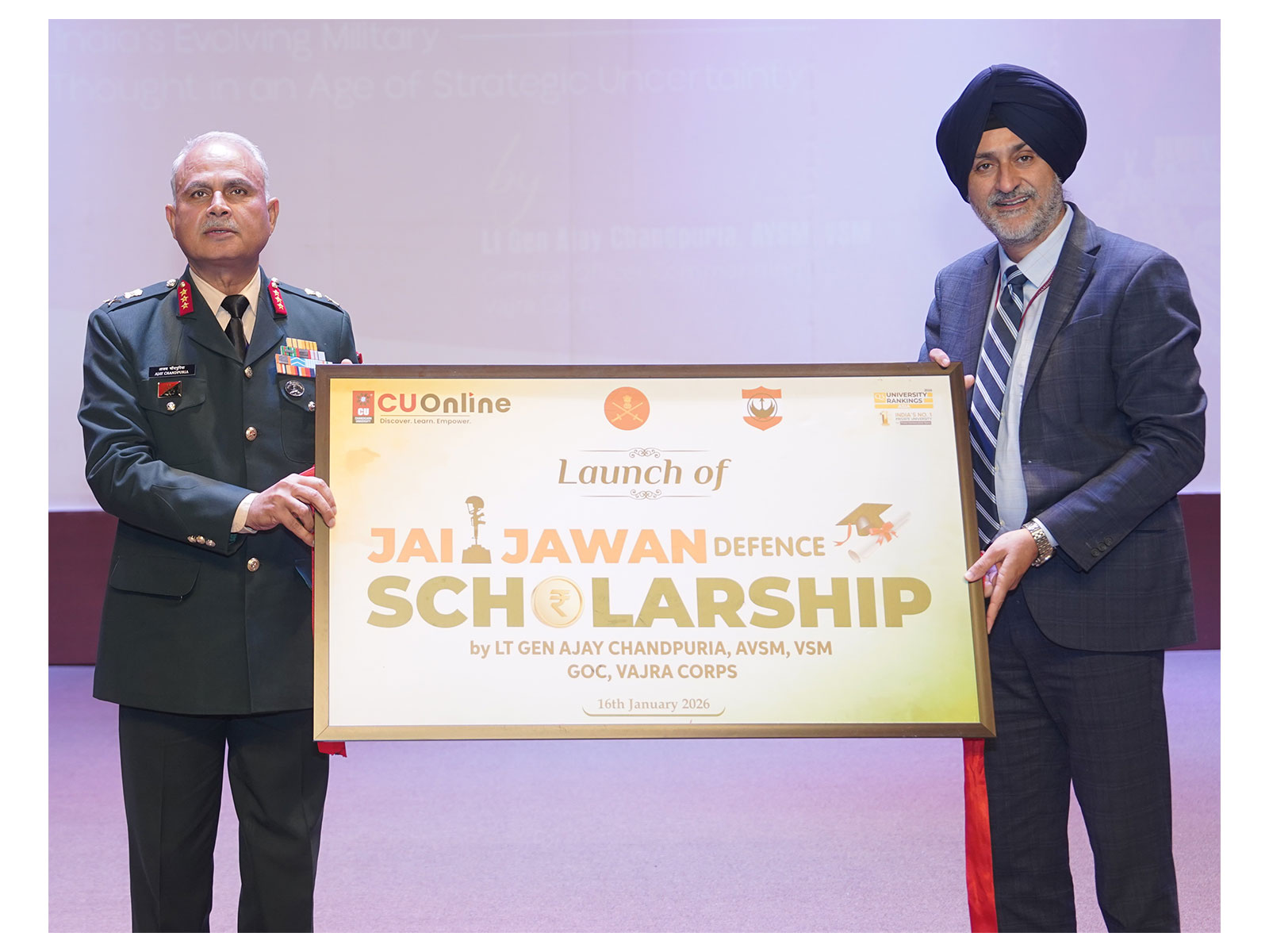 Lt Gen Ajay Chandpuria, General Officer Commanding, Vajra Corps during the launch of 'CU Online Jai Jawan Scholarship' at Chandigarh University