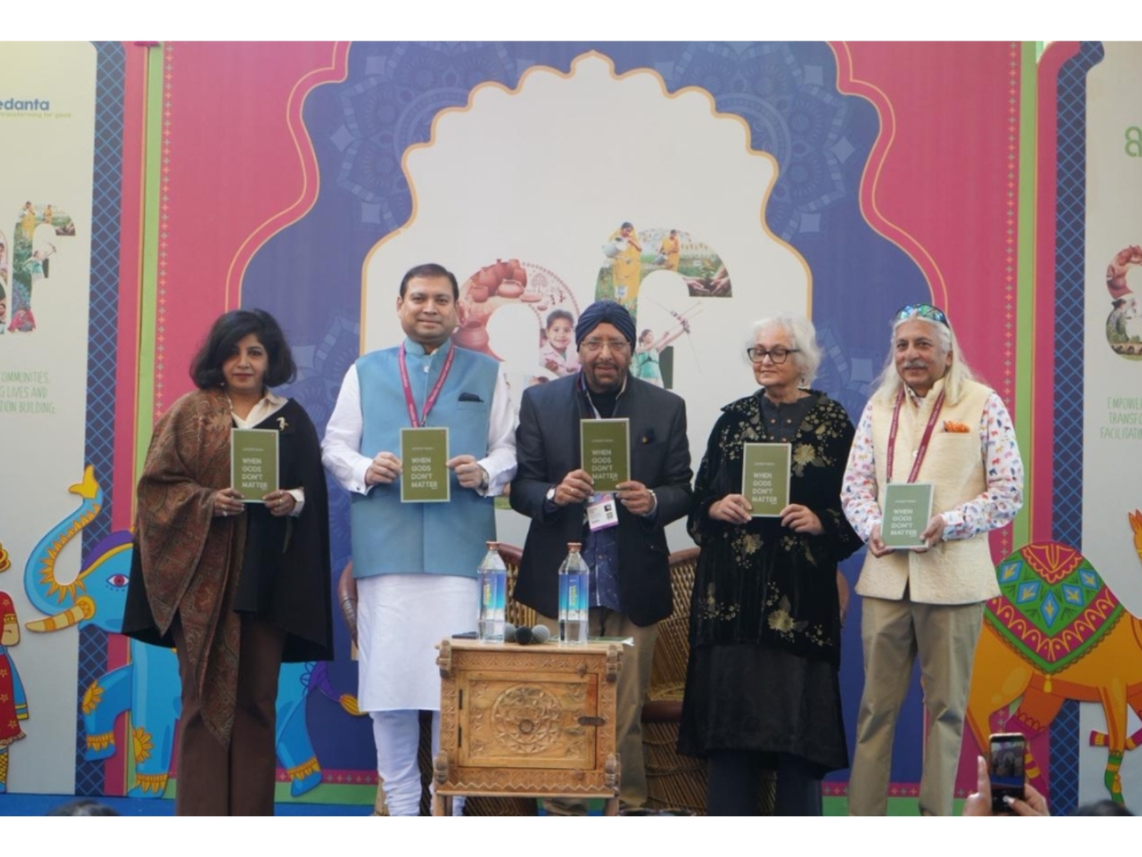 Swati Vashishtha, Sundeep Bhutoria, Jagdeep Singh (author), Namita Gokhale and Sanjoy K Roy formally unveiling an anthology 'When Gods Don't Matter' at the Jaipur LitFest 2026