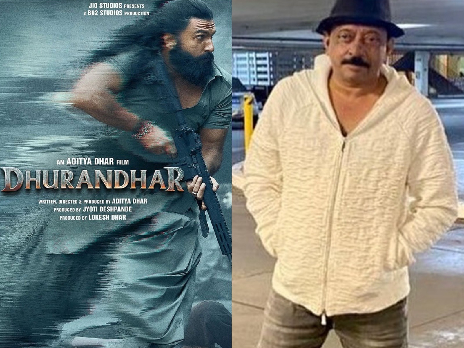 Dhurandhar poster(Photo/Instagram@jiostudios) and Ram Gopal Varma ((Photo/X:@RGVzoomin)