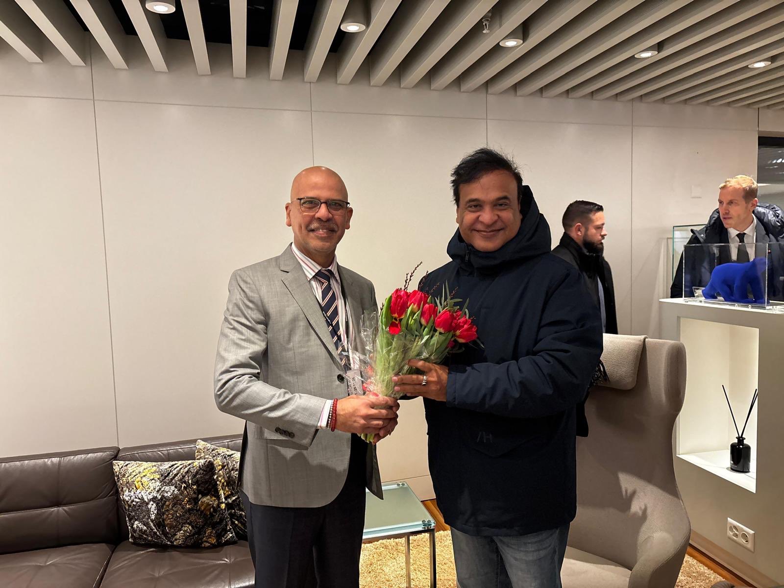 Assam CM Himanta Biswa Sarma welcomed by India's envoy in Switzerland Mridul Kumar at Zurich (Image: X/@IndiainSwiss)