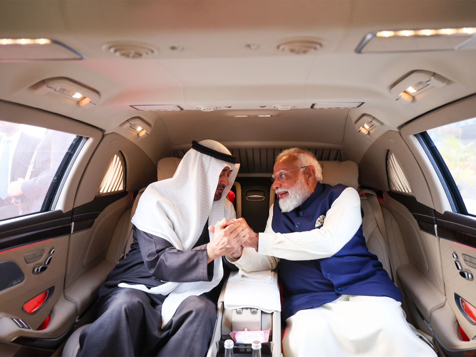 Prime Minister Narendra Modi and UAE President Sheikh Mohamed bin Zayed Al Nahyan travel together in the same car after the UAE leader's arrival for an official visit in New Delhi. (Photo: X/@narendramodi)