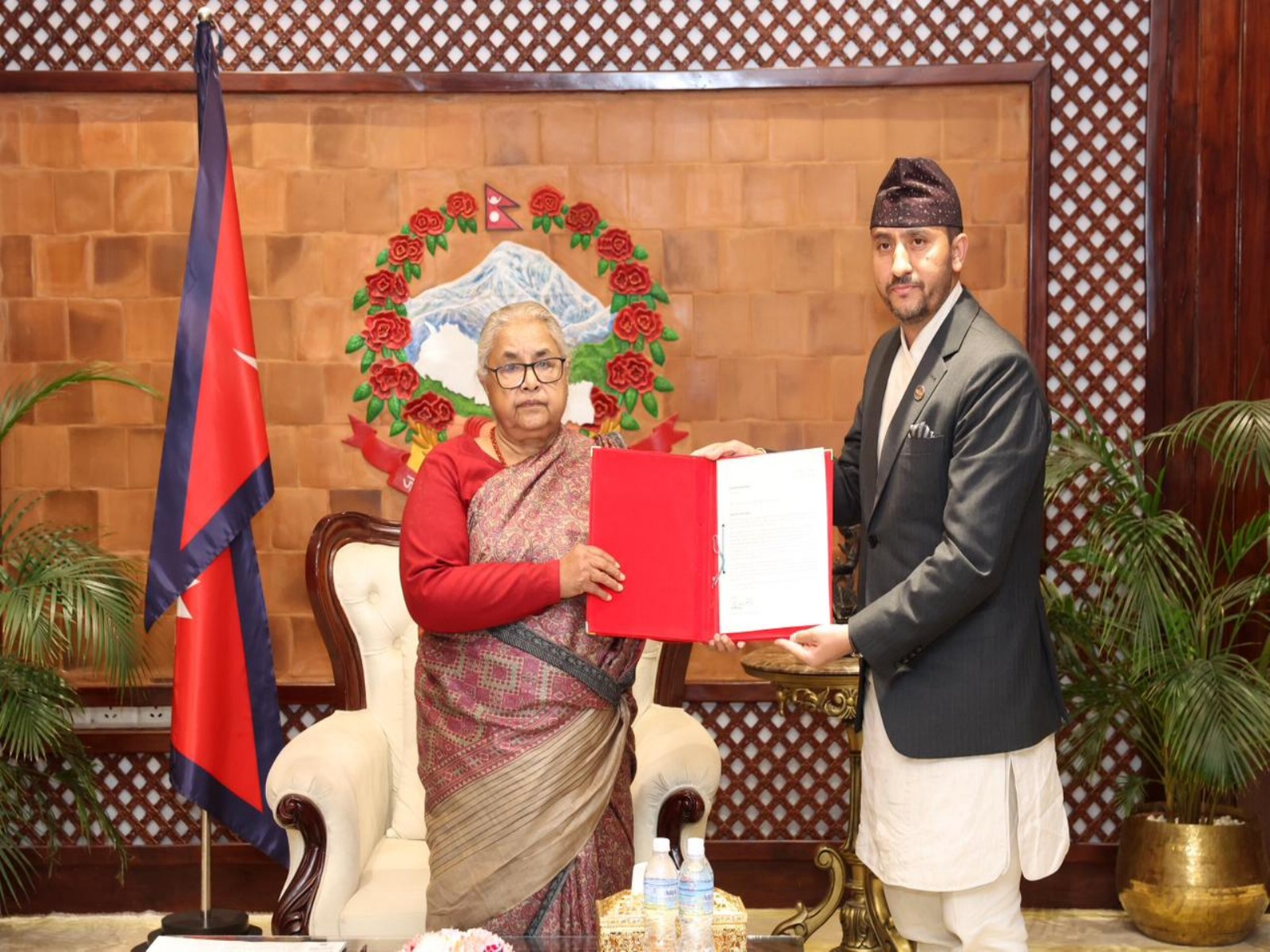 Nepal's Minister for Communication Information Technology, Jagdish Kharel submits his resign to interim Prime Minister Sushila Karki (Photo/Nepal PM Secretariat)