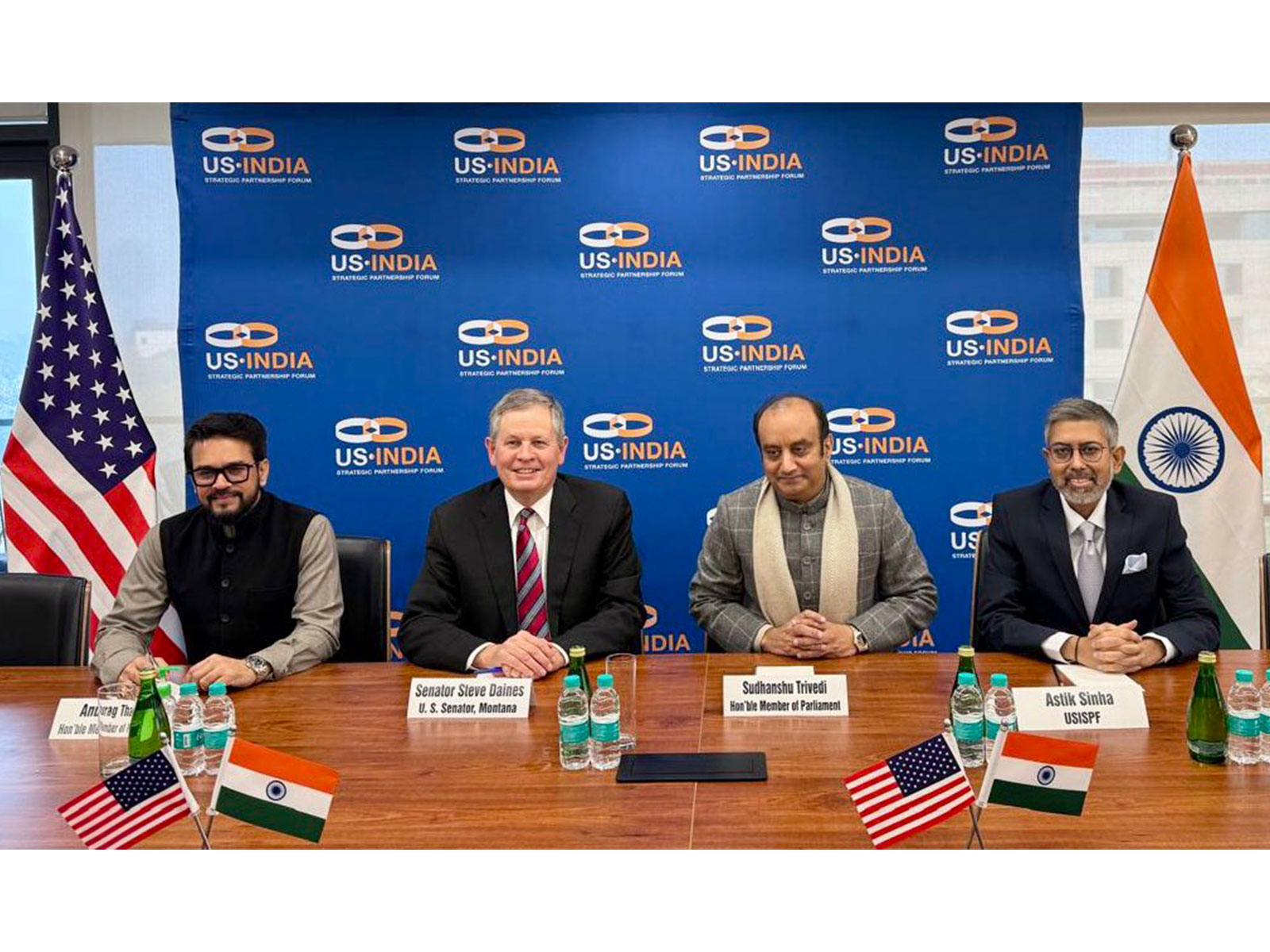 BJP MP Anurag Thakur, U.S. Senator Steve Daines and BJP MP Sudhanshu Trivedi, Astik Sinha, USISPF  (Photo/ @ianuragthakur)