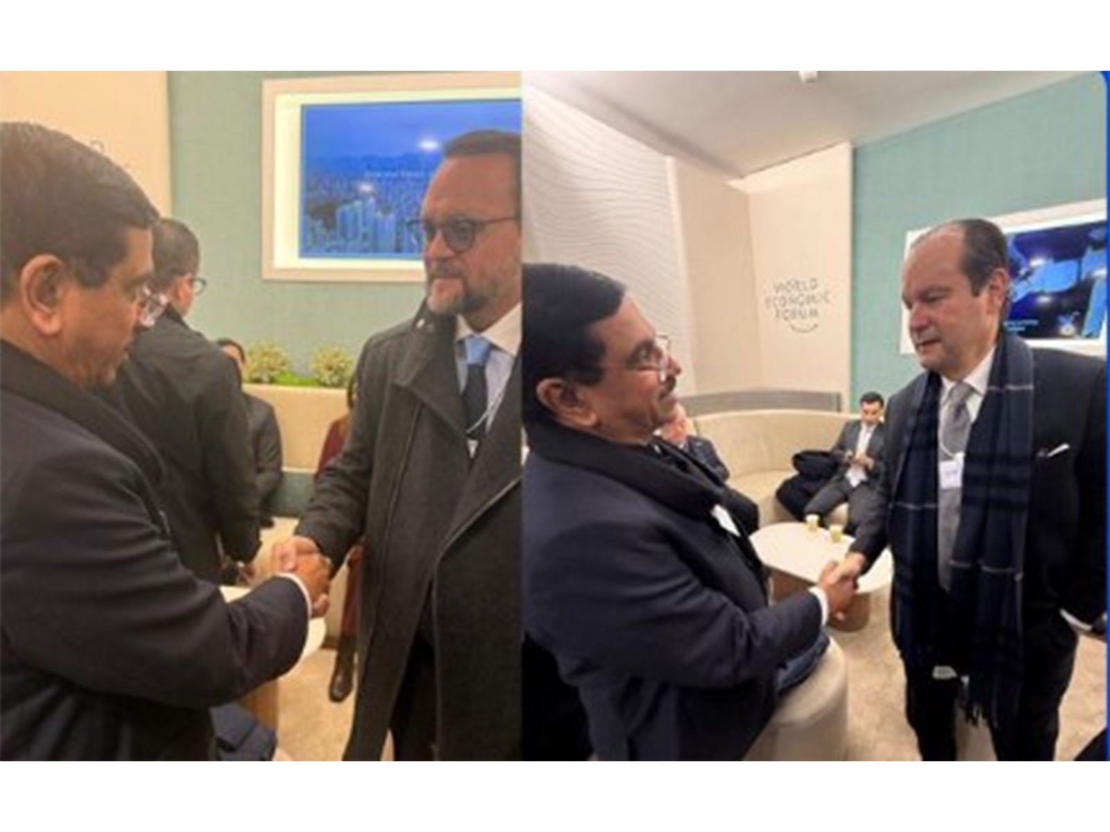 Union Minister Pralhad Joshi meets Panama's Minister of Commerce and Industry, Julio Armando Molto Alain, and Minister of Foreign Affairs, Javier Eduardo Martinez-Acha Vasquez in Davos. (Photo/@JoshiPralhad)