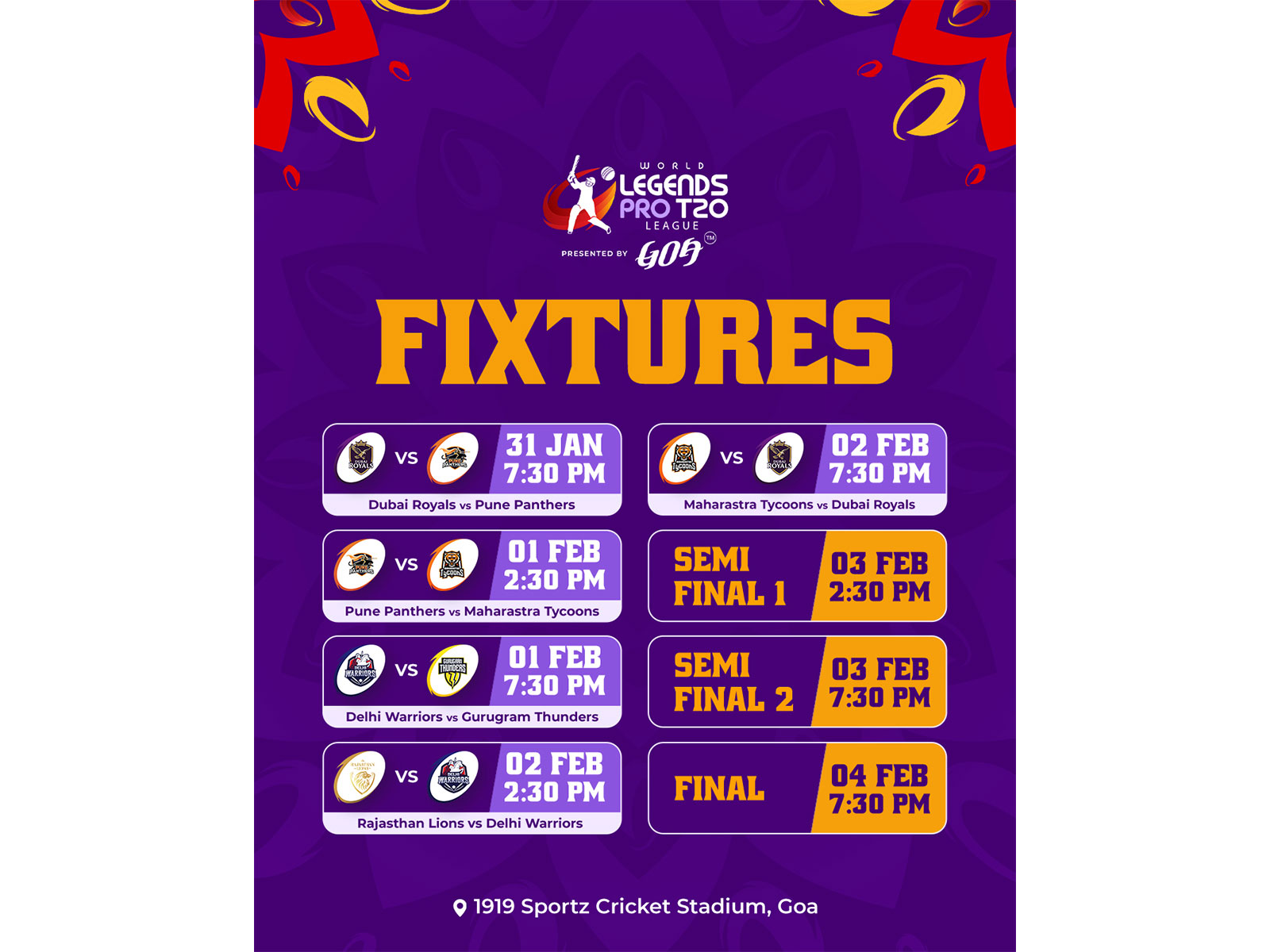 World Legends Pro T20 League announces fixtures for inaugural season. (Photo/WLPT20)