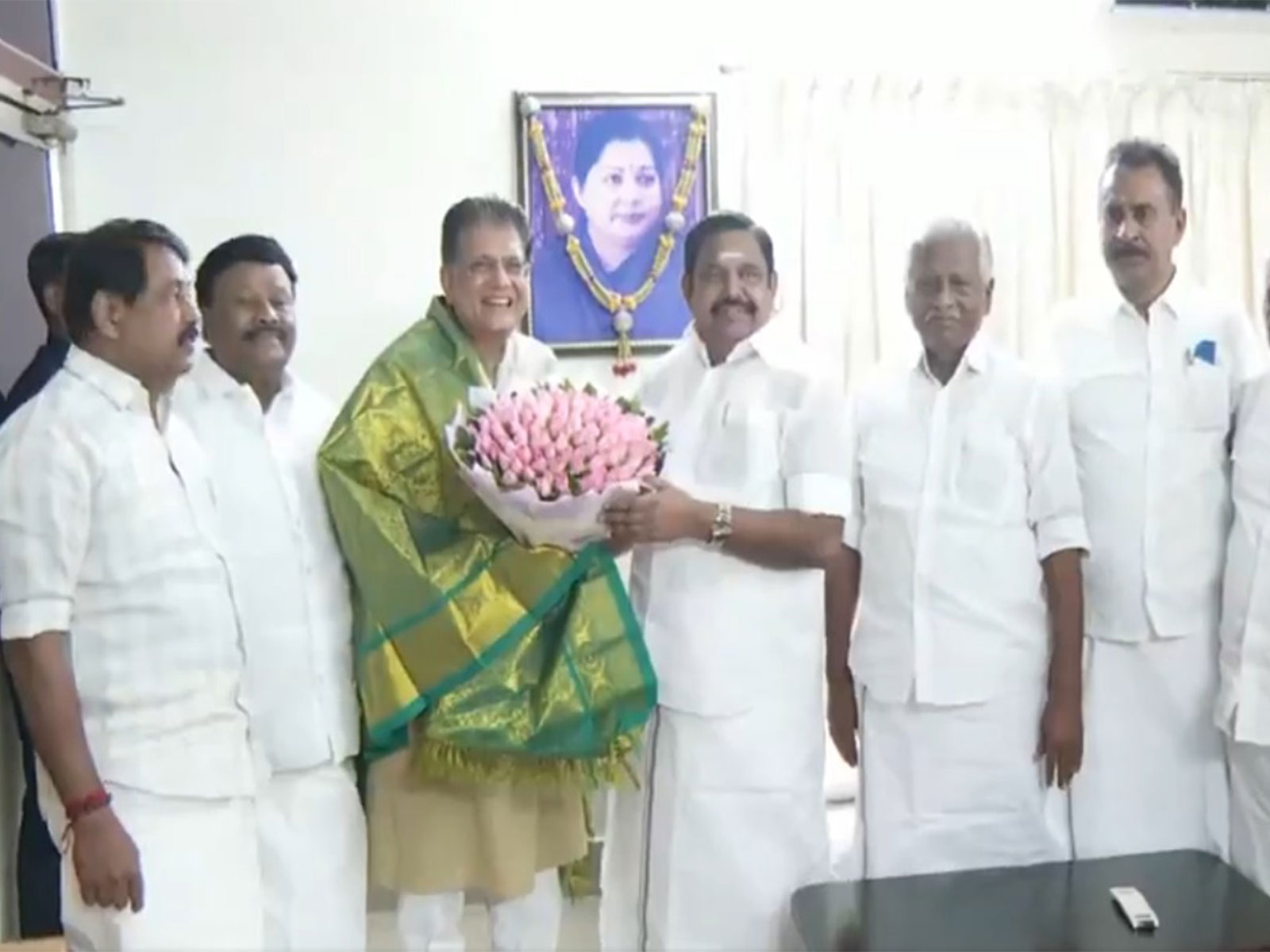 AIADMK leader Edappadi K Palaniswami felicitates Union Minister and BJP Tamil Nadu election incharge Piyush Goyal at his residence in Chennai (Photo/ANI)