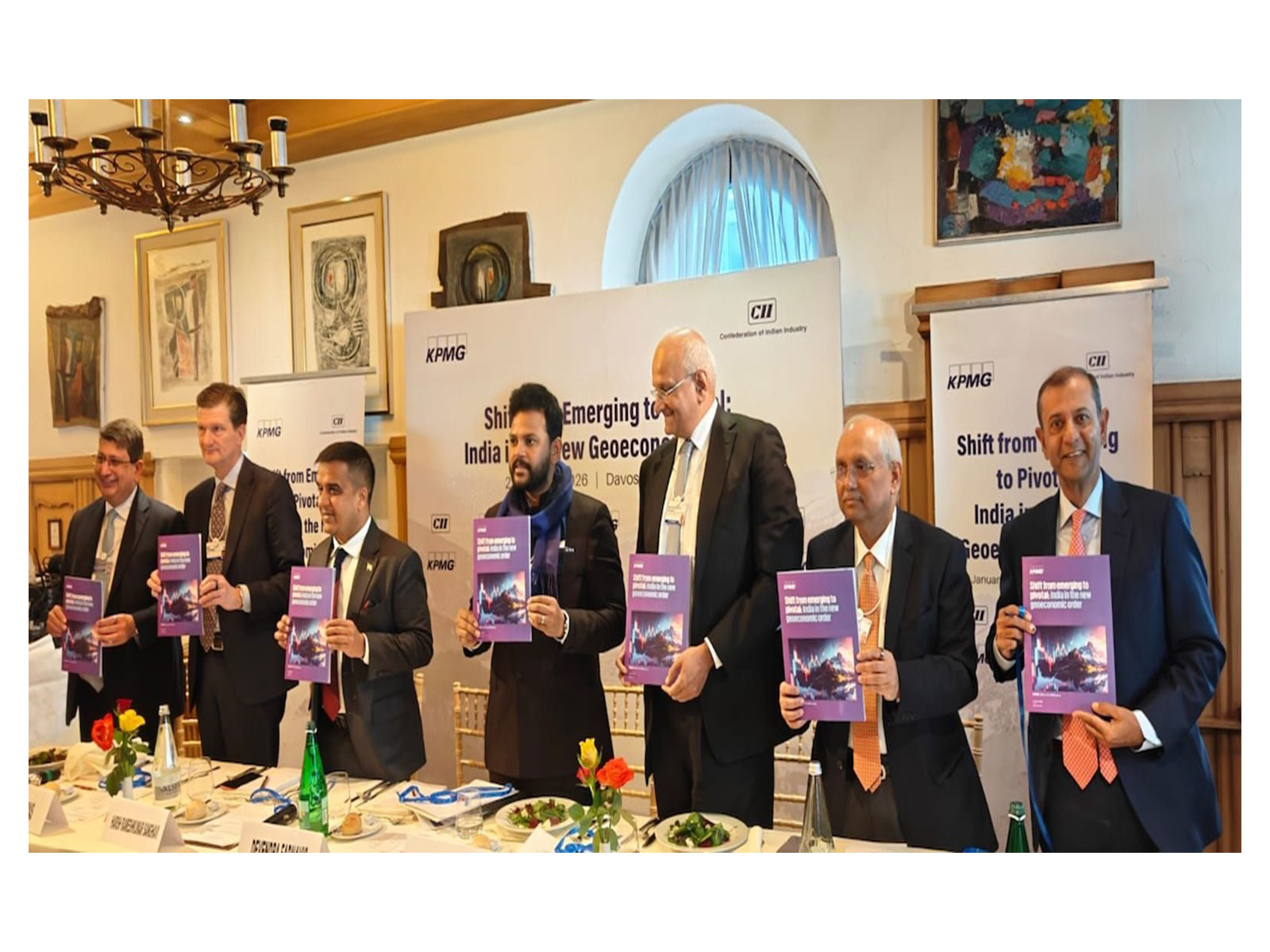 Unveiling of the KPMG India - CII report 'Shift from emerging to pivotal: India in the new geoeconomic order' by Ram Mohan Naidu Kinjarapu, Hon'ble Civil Aviation Minister, GOI, with other dignitaries