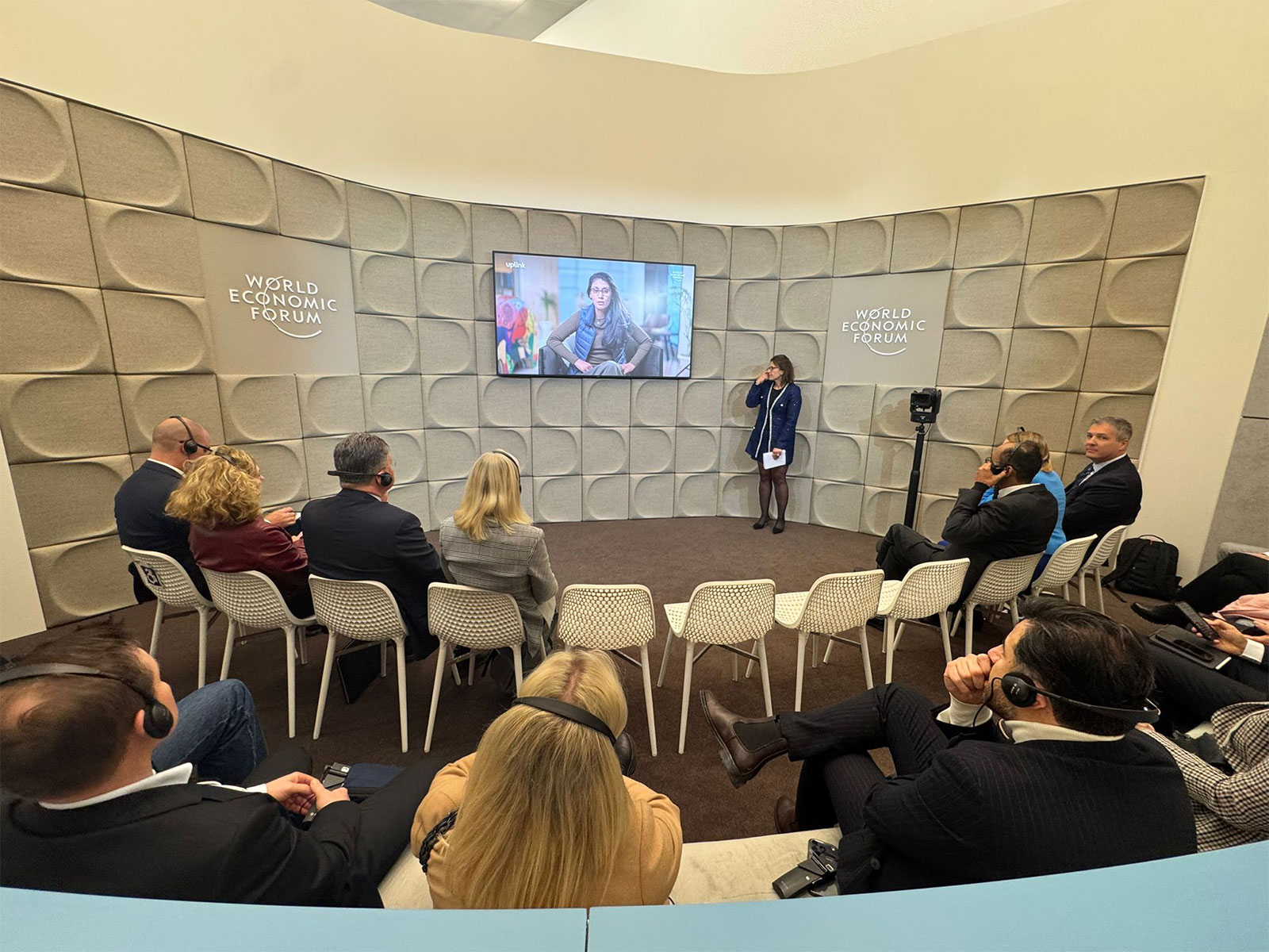 Roshni Nadar Malhotra, Chairperson of HCL Group, congratulates the winners of 'Water Resilience Challenge' under the Aquapreneur Innovation Initiative in Davos
