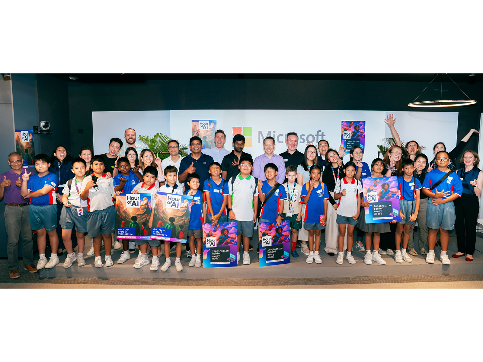 Students from Naval Base Primary School at the Microsoft Singapore office during the Hour of AI, jointly hosted by Enabling Leadership and Microsoft Singapore