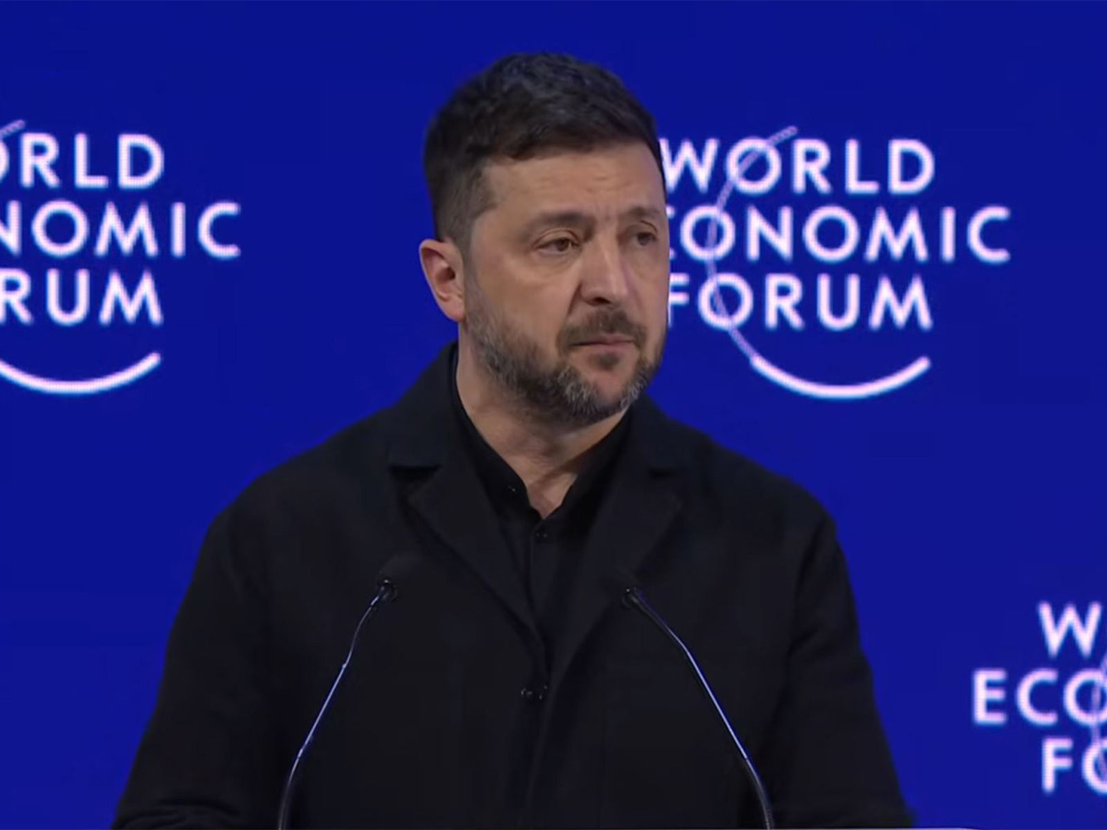 Ukrainian President Volodymyr Zelenskyy addresses the World Economic Forum in Davos, Switzerland. (Image Source: YouTube/WEF)